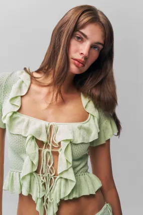 MoistureWicking Fabric Garment Washed Finish Ruffle Knit Tie Top