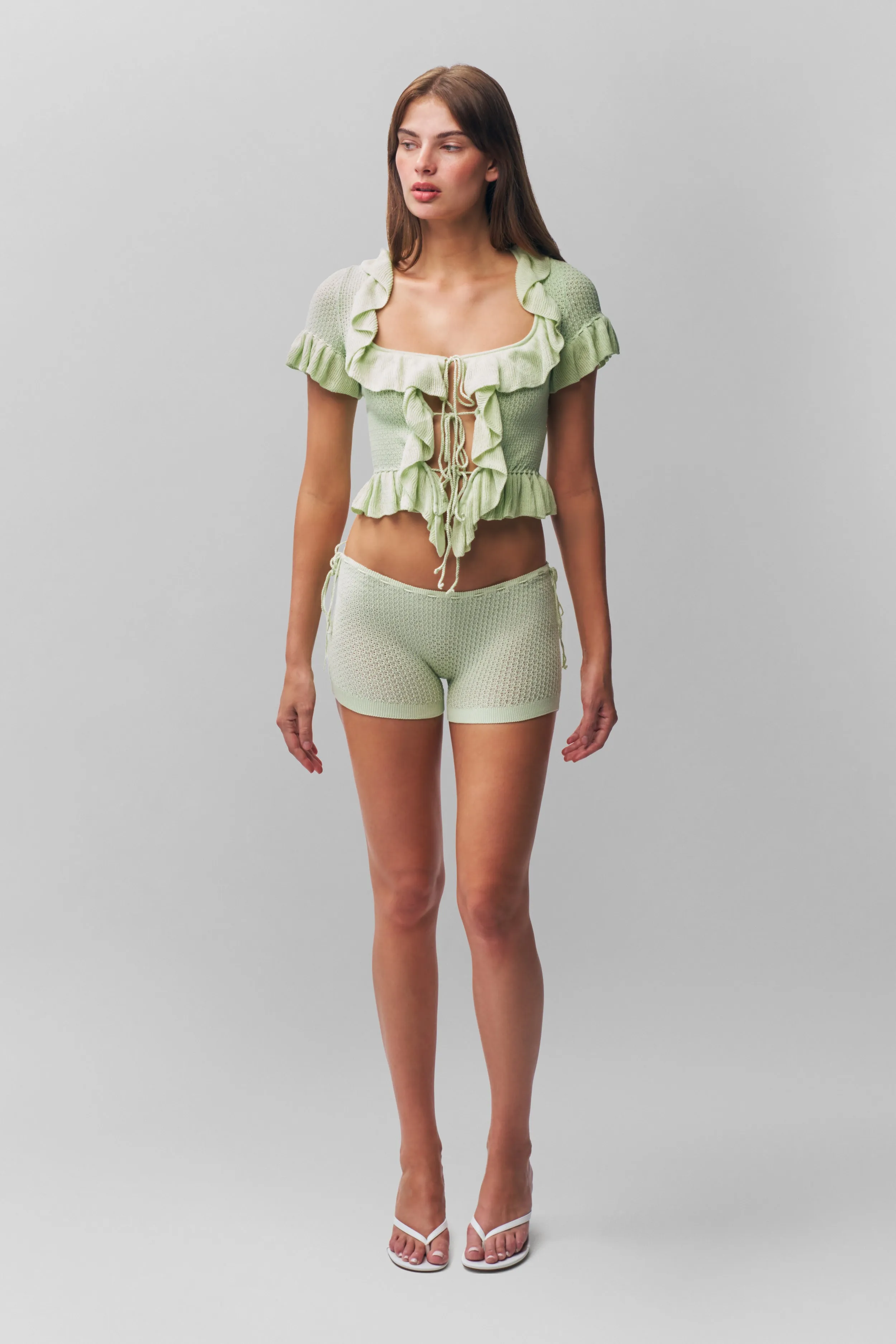 CushionedSupport Ruffle Knit Tie Top