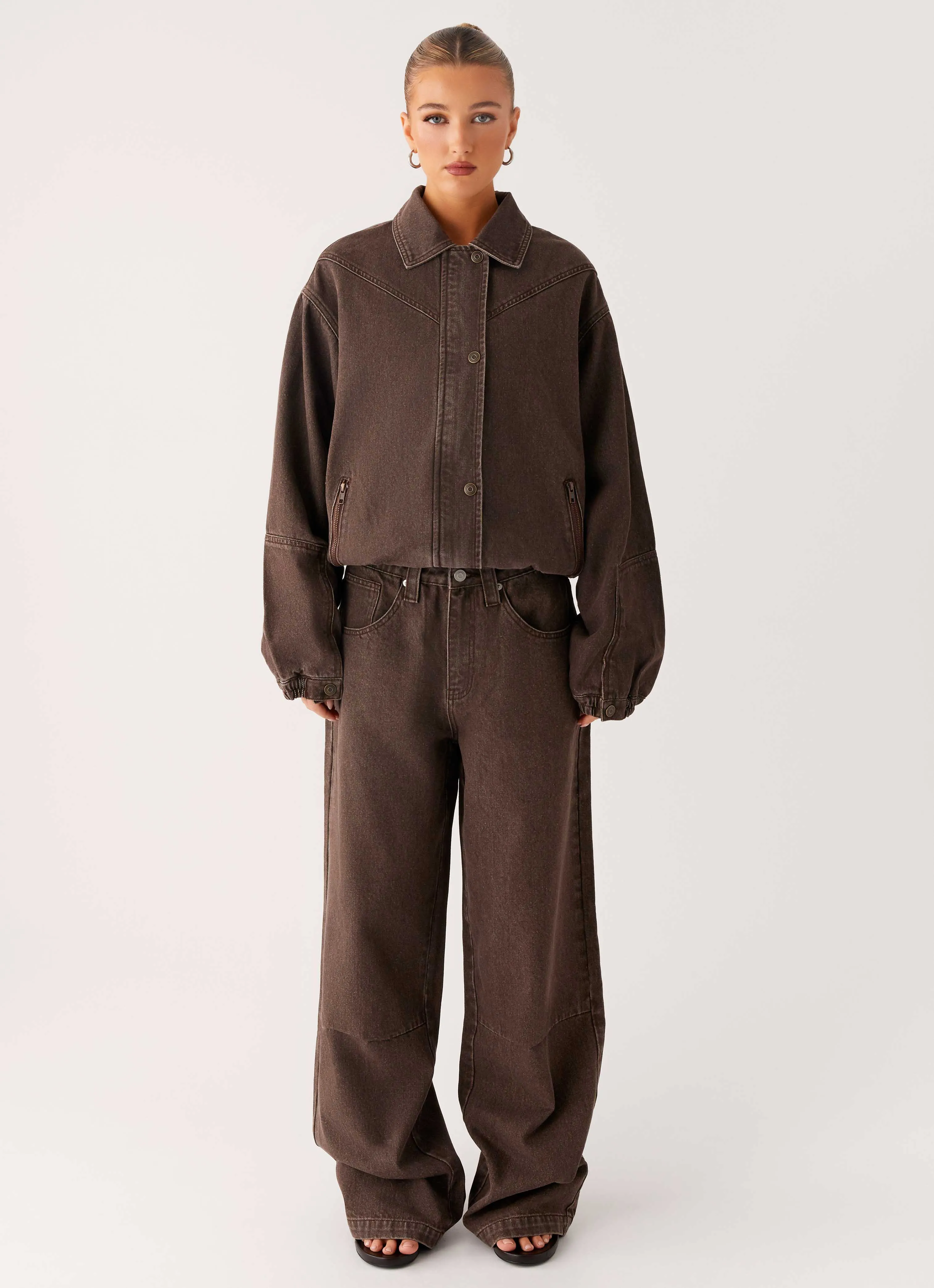 Eco-friendly Midwest Washed Denim Bomber Jacket - Light Wash Chocolate