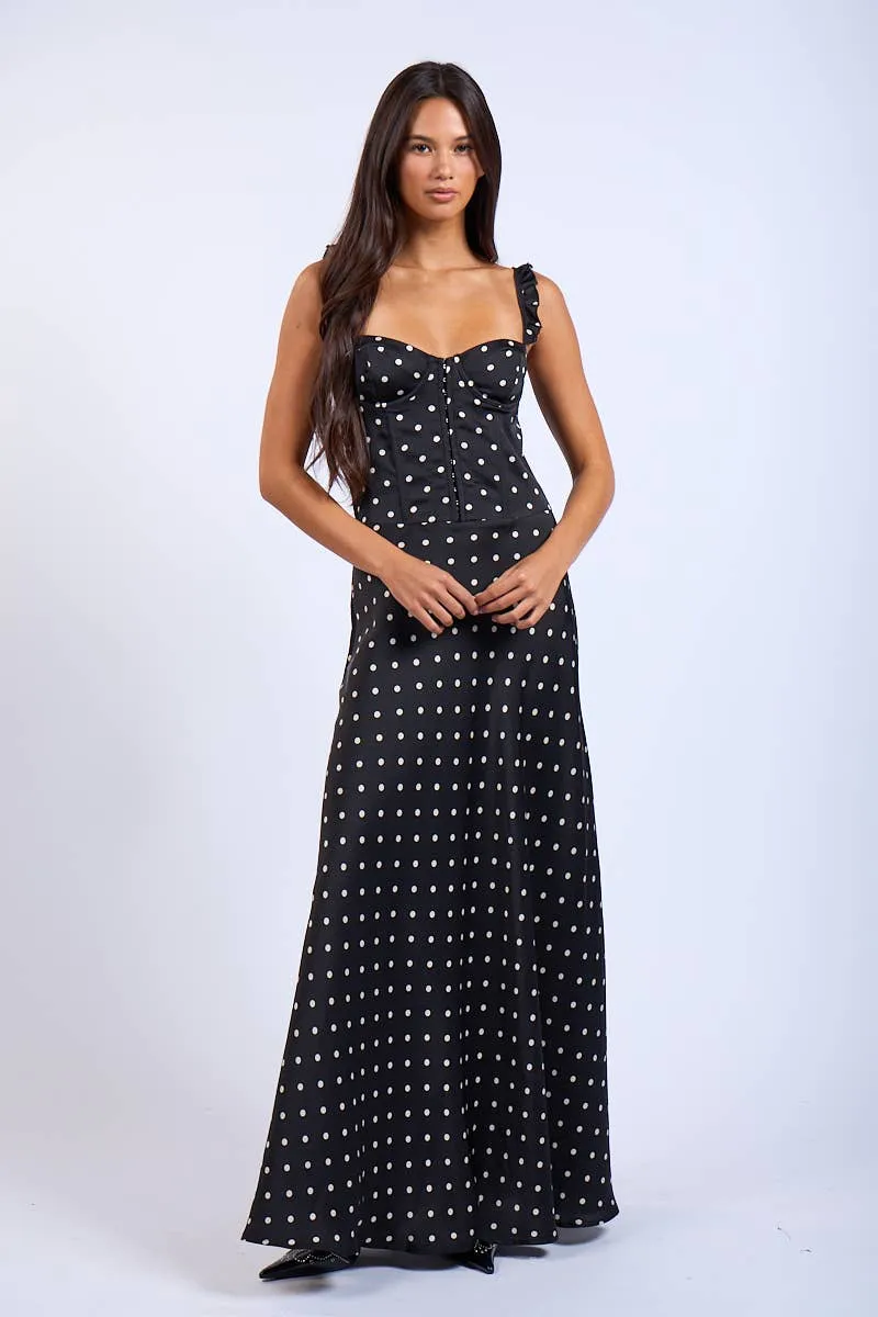 Rustic Charm Maxi Dress- Black Polka Dot Clean Drape Sleek and Flattering