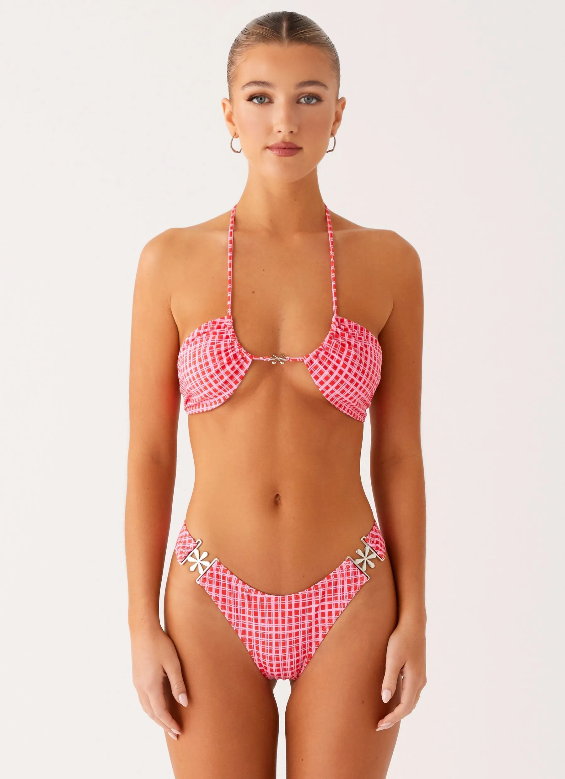 Saint Lucia Bikini Bottoms - Pink Check Water Repellent Zipper vacation