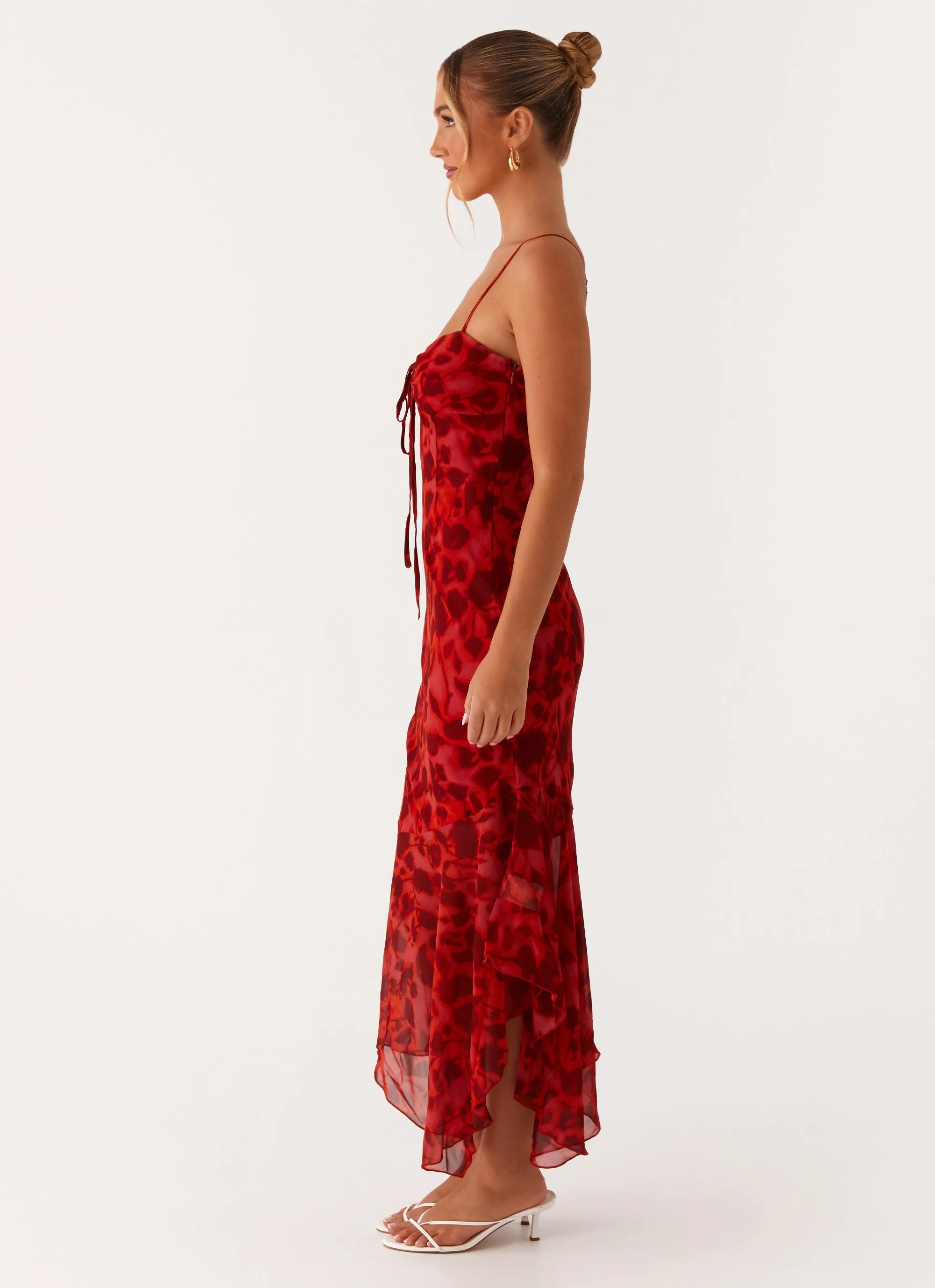 Sheer Light Stylish Silhouette Sally Midi Dress - Deep Red Floral