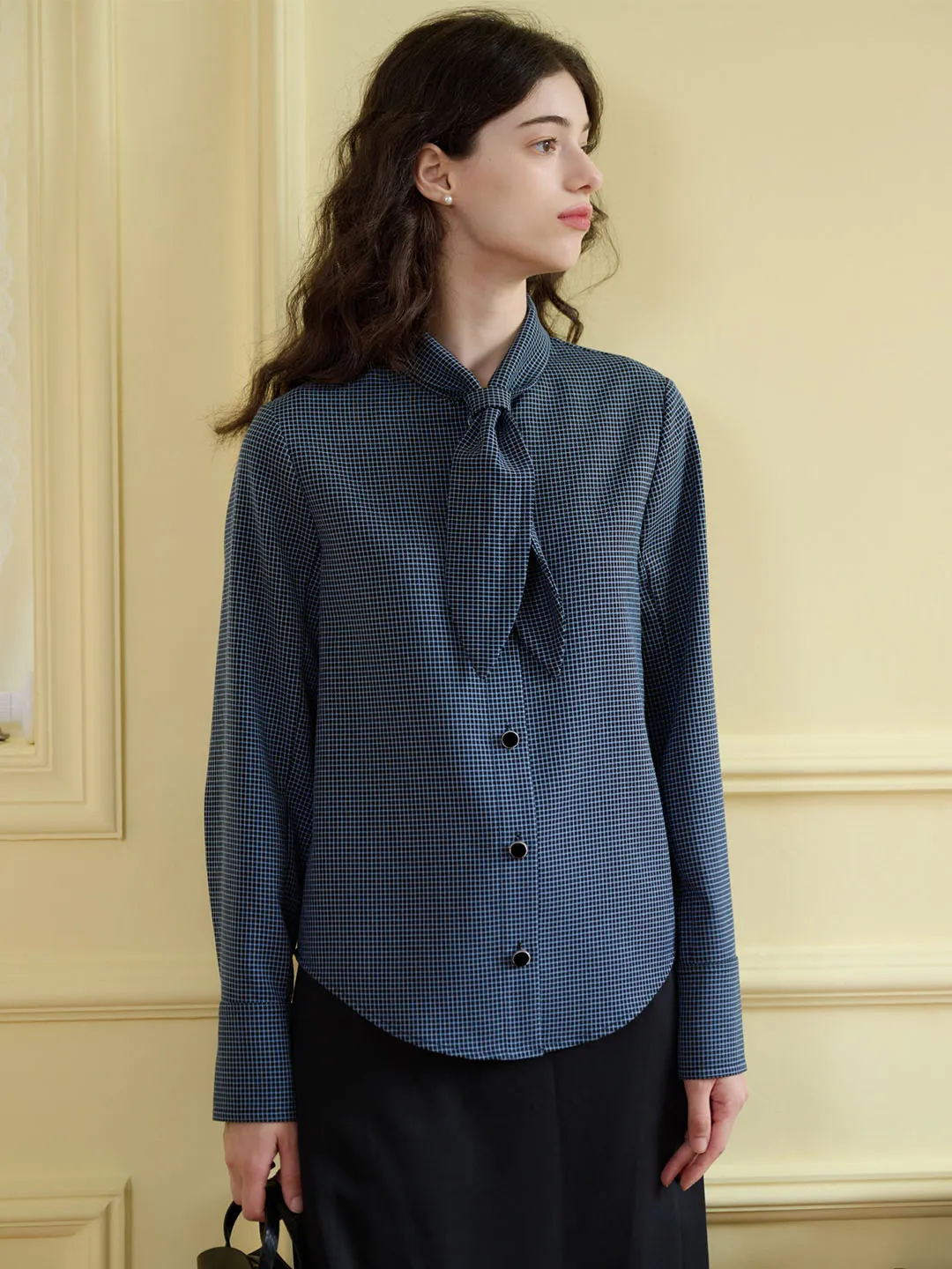 Samantha Checkered Button-Front Tie Blouse Flatlock Seam Technique