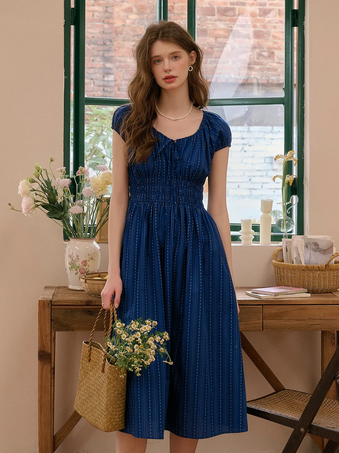 Sapphire Round Neck Waist Cotton Dress Style Ease