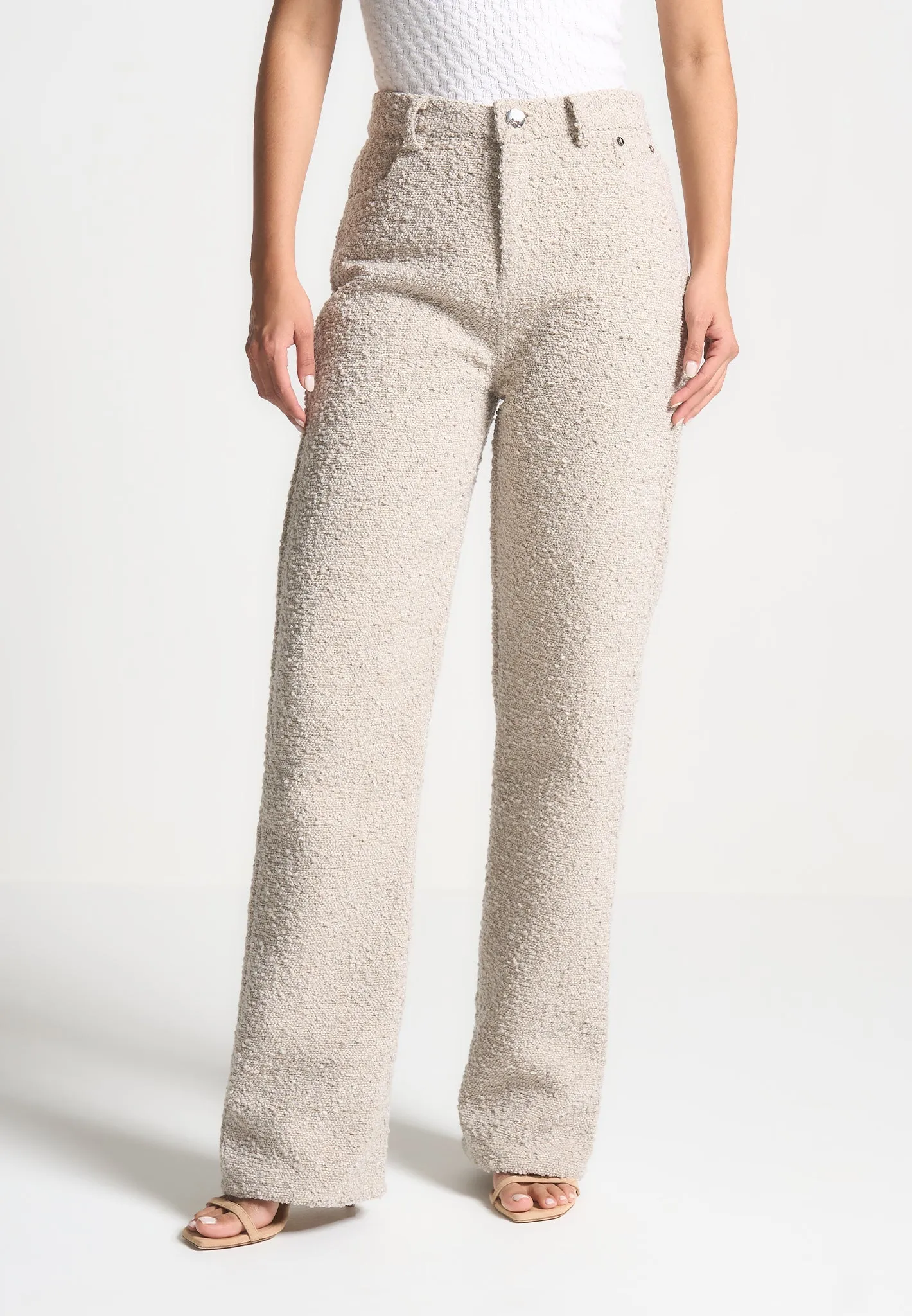 Sara - Boucle Straight Leg Jeans - Beige Date Night Summer Vibes All Fit Design