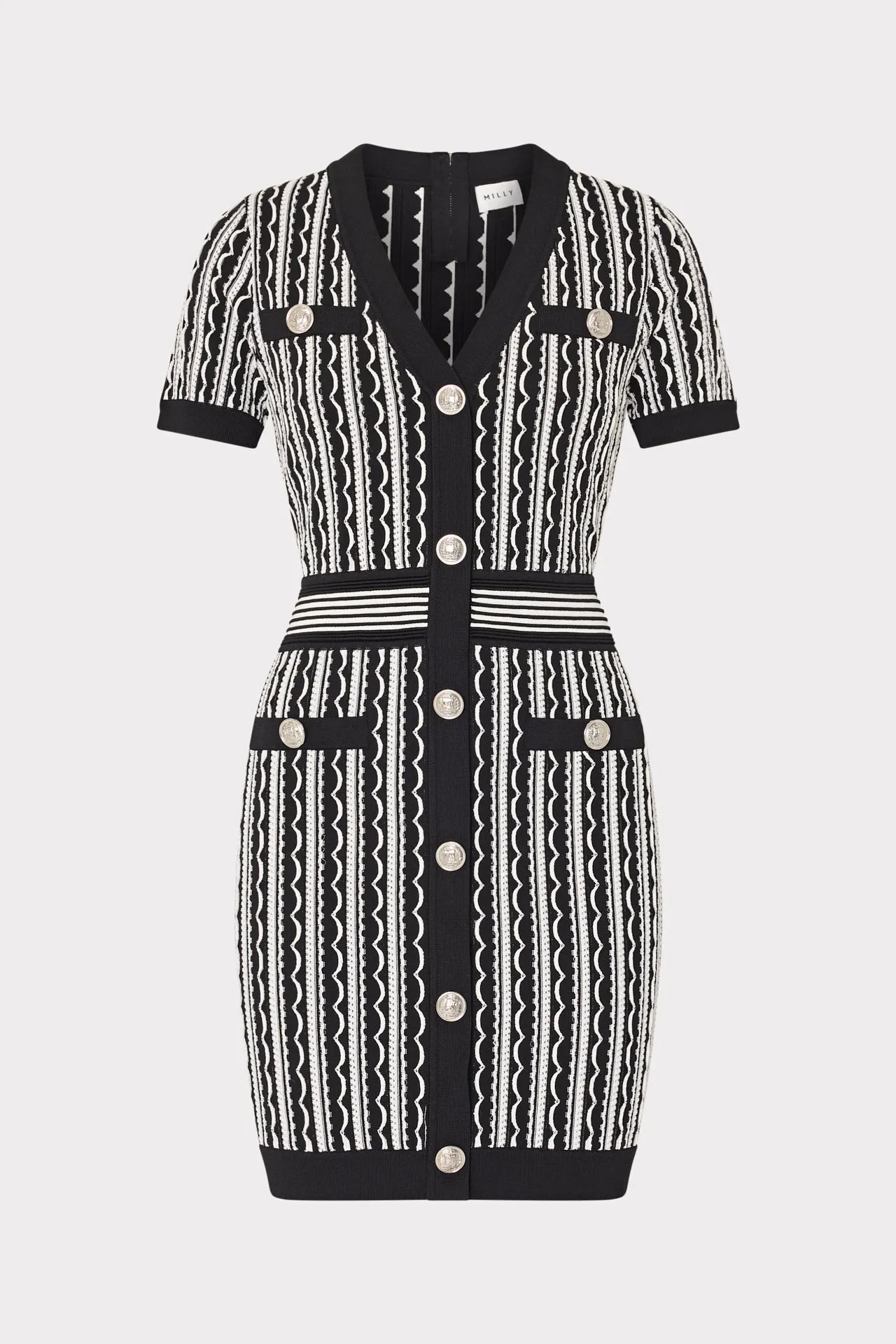 Scallop Textured V-Neck Knit Mini Dress Oversized-Fit