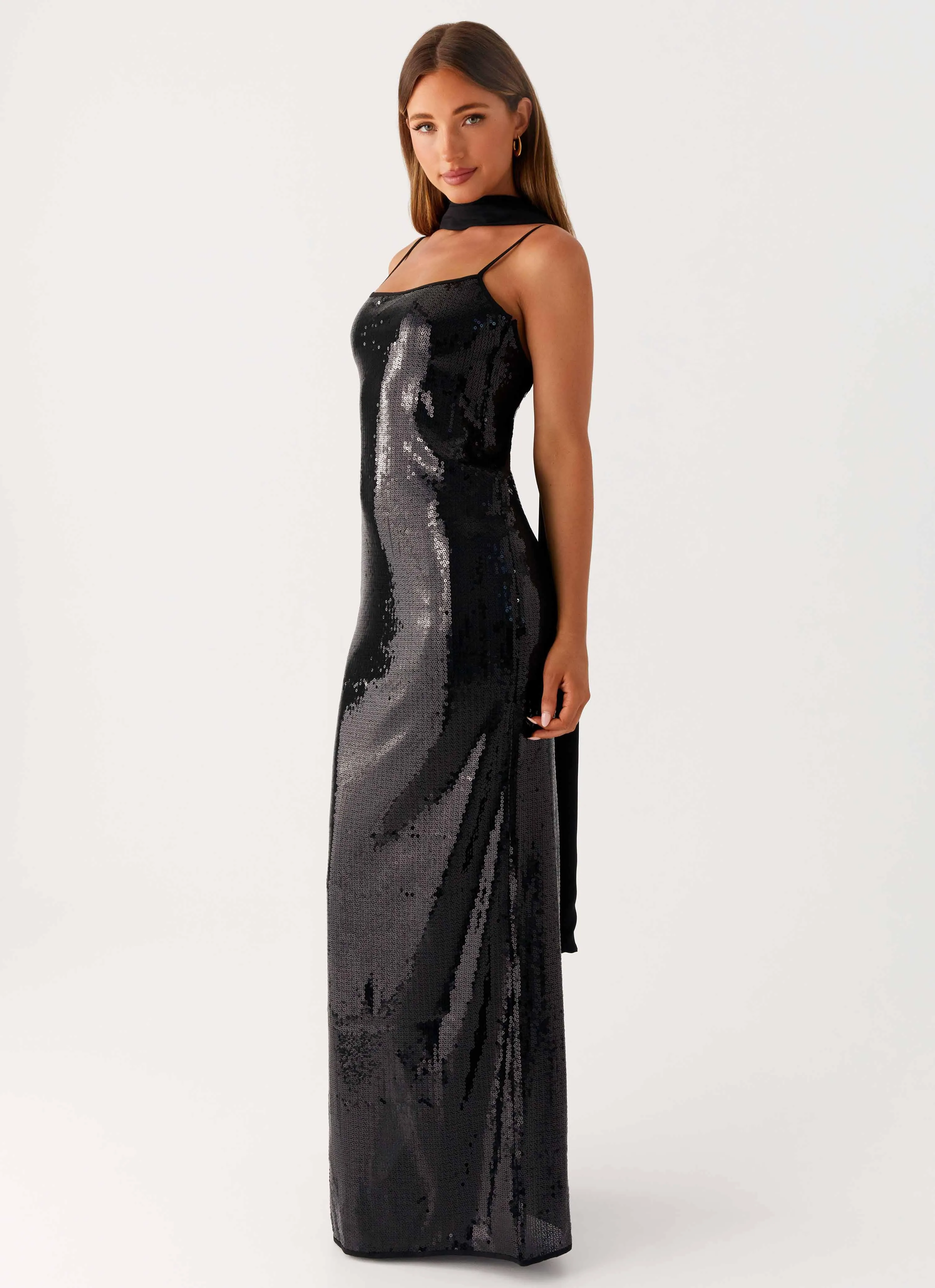 Scarf Neck Sequins Maxi Dress - Black Flattering Silhouette Wear slim fit