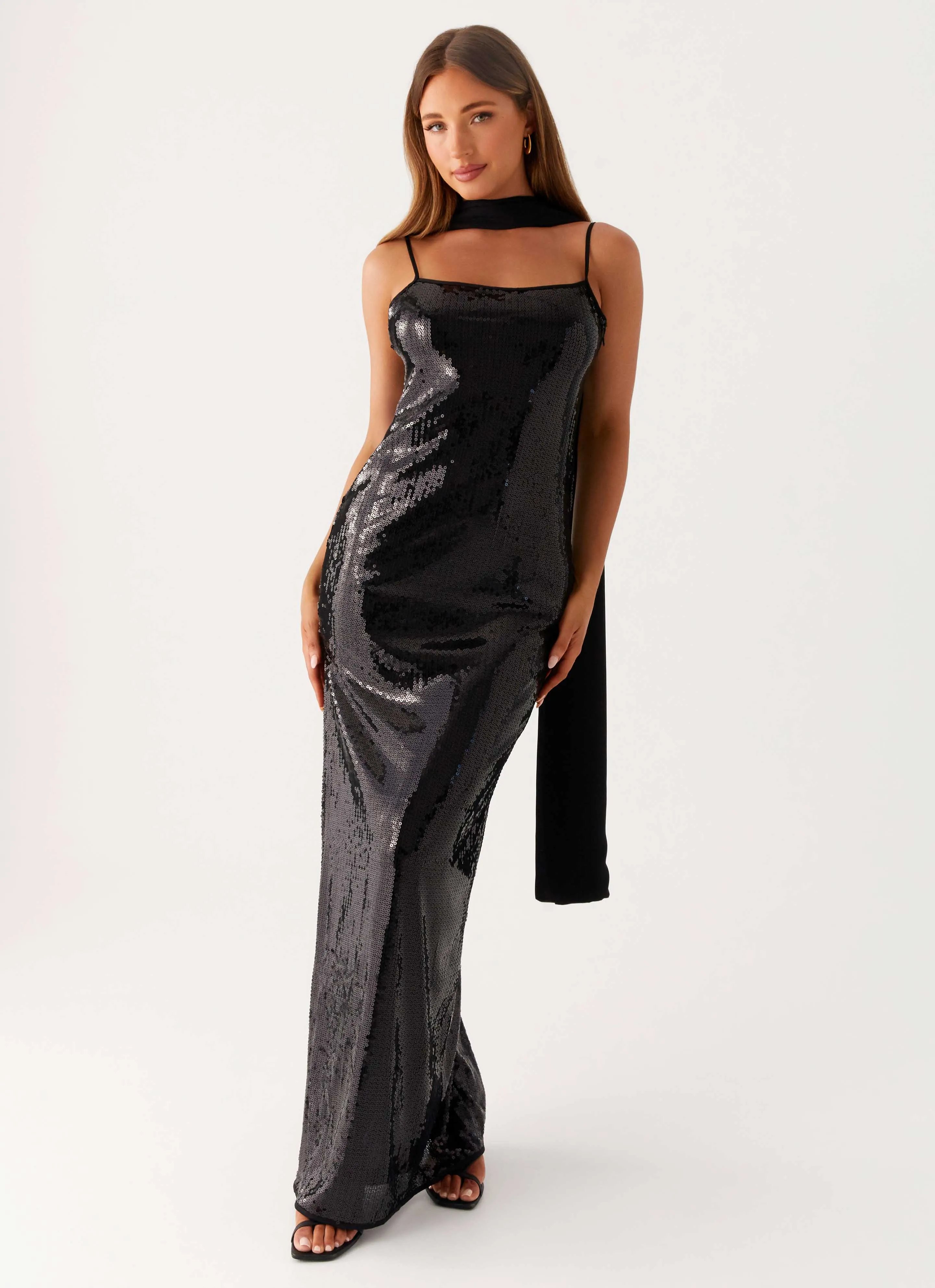 Gentle Glow Scarf Neck Sequins Maxi Dress - Black