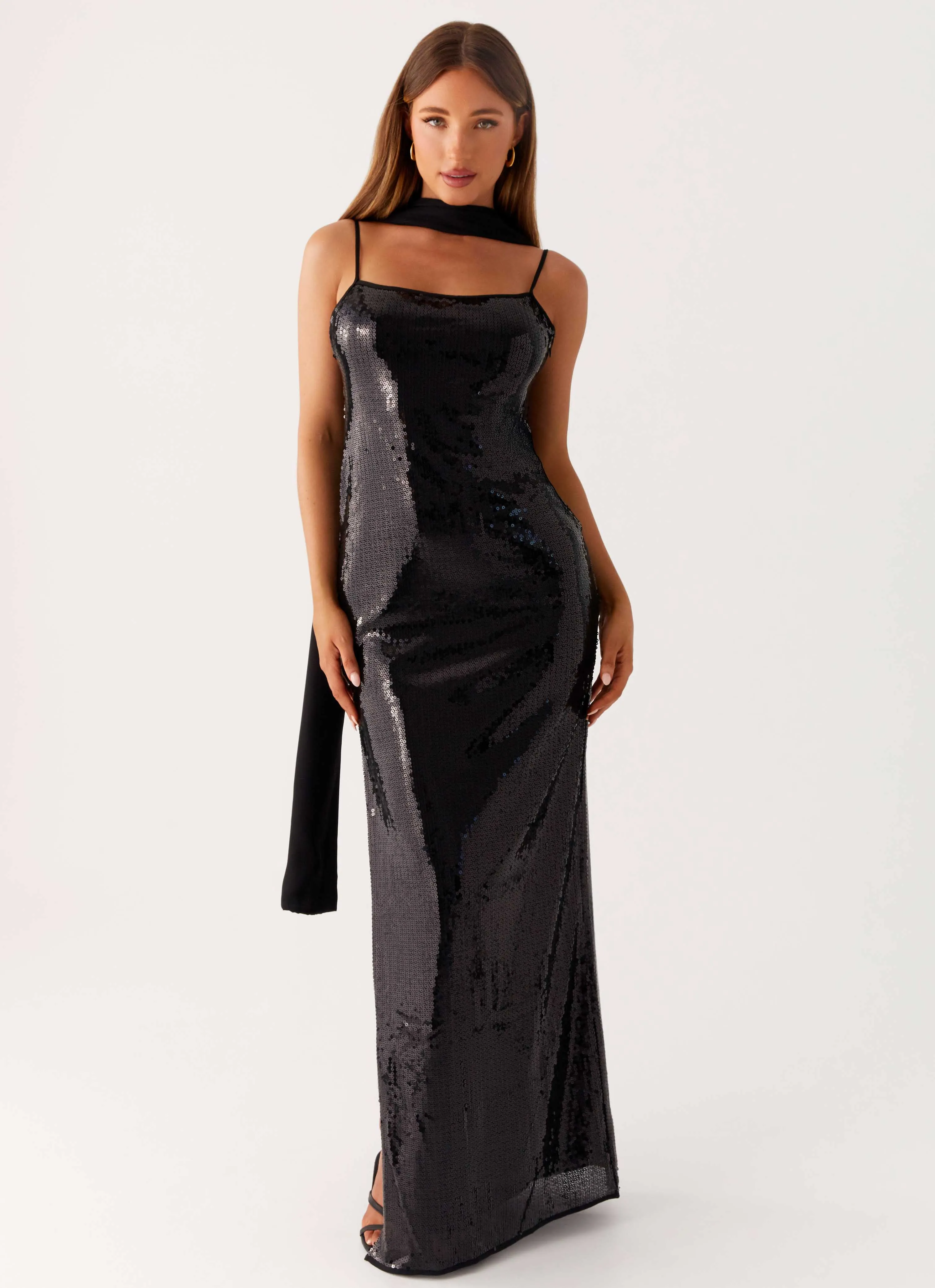 Pure Aesthetic Scarf Neck Sequins Maxi Dress - Black
