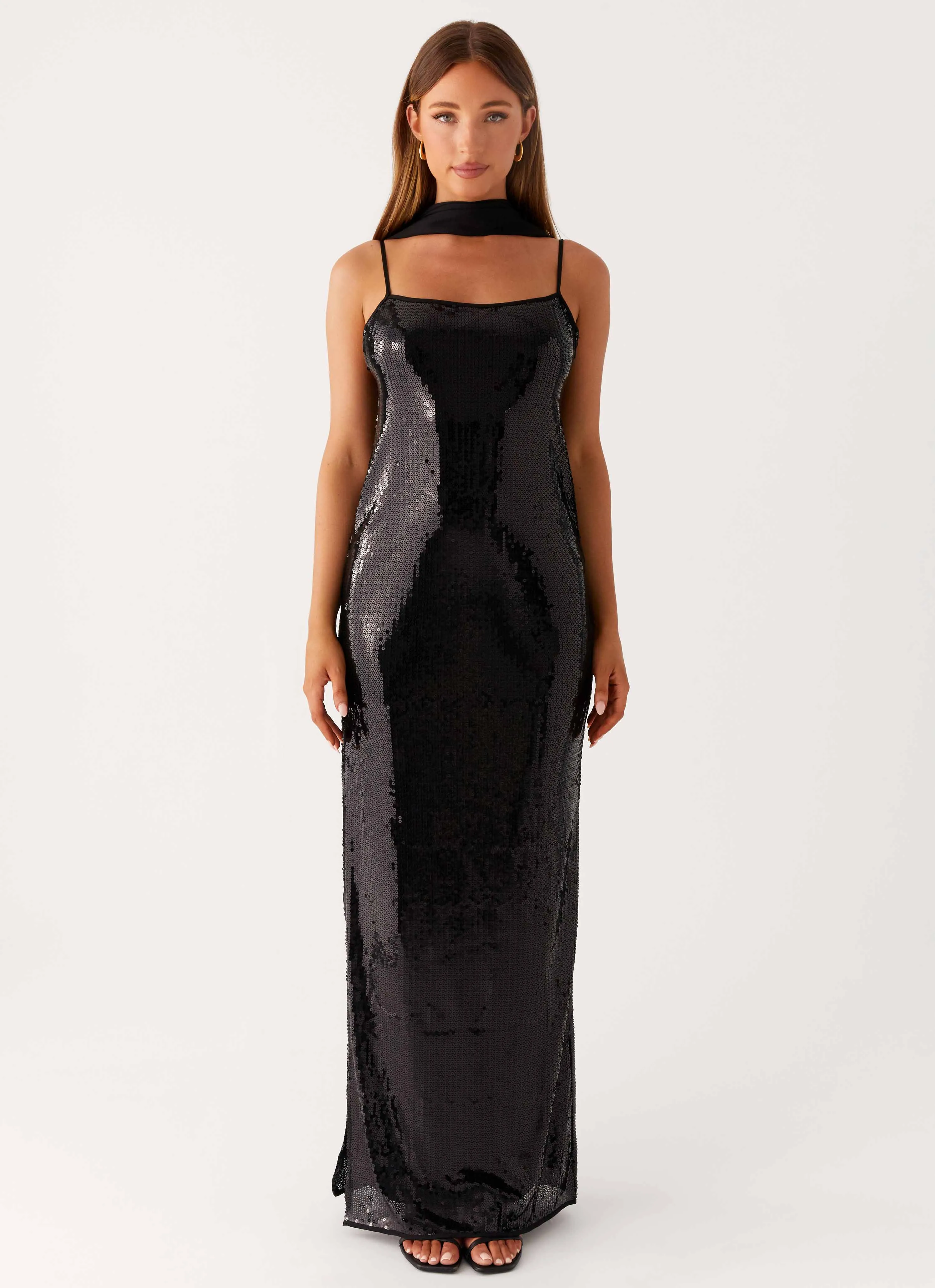 Wrinkle-Resistant Draped-Style Scarf Neck Sequins Maxi Dress - Black