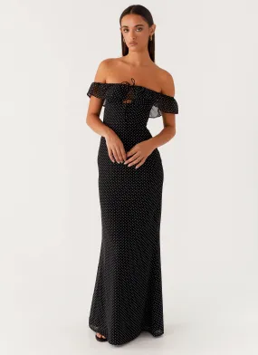 Formal Occasion Scarlet Cherry Maxi Dress - Black Polka Dot