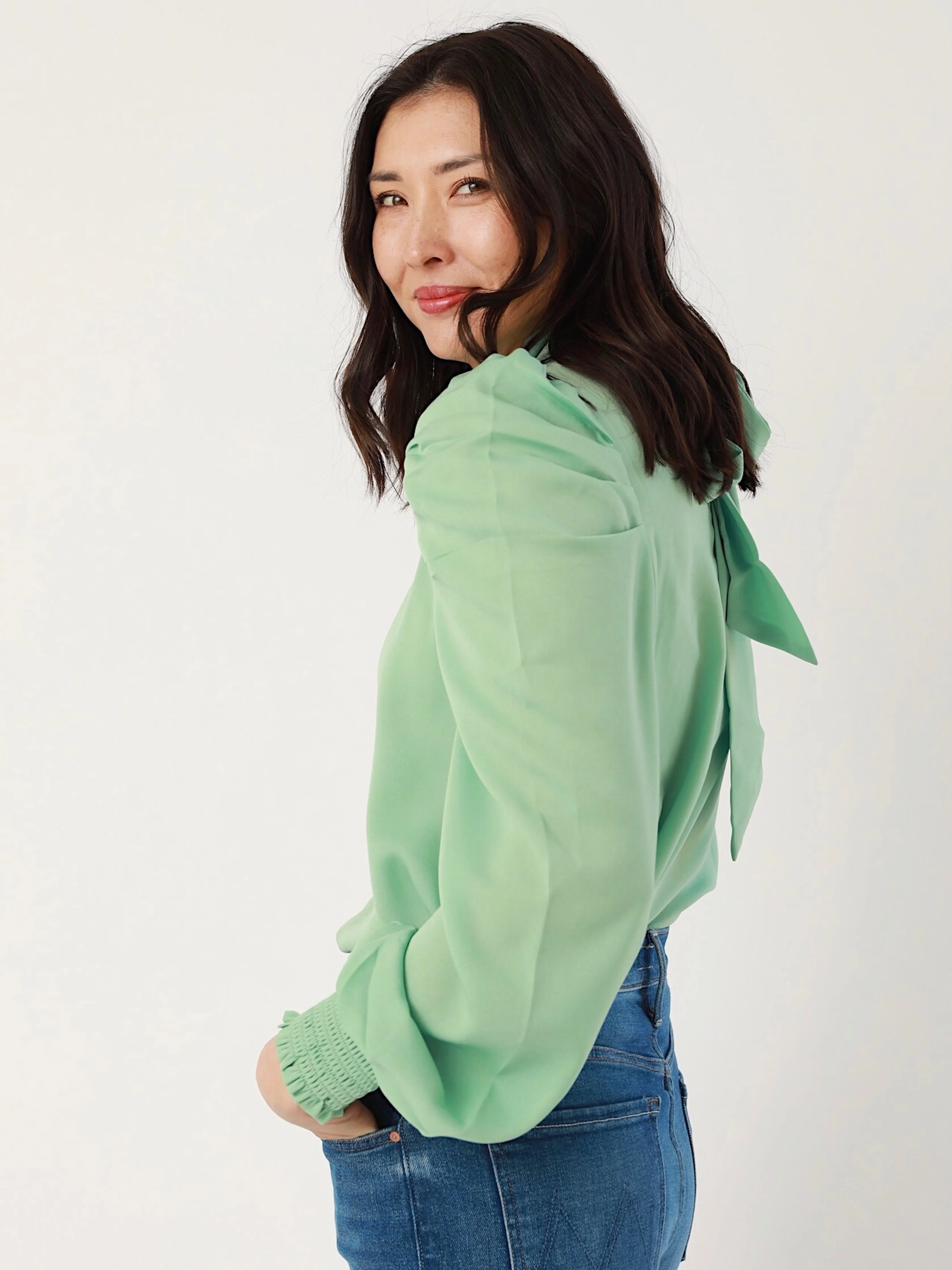 Convertible Neckline Seafoam Puff Sleeve Blouse