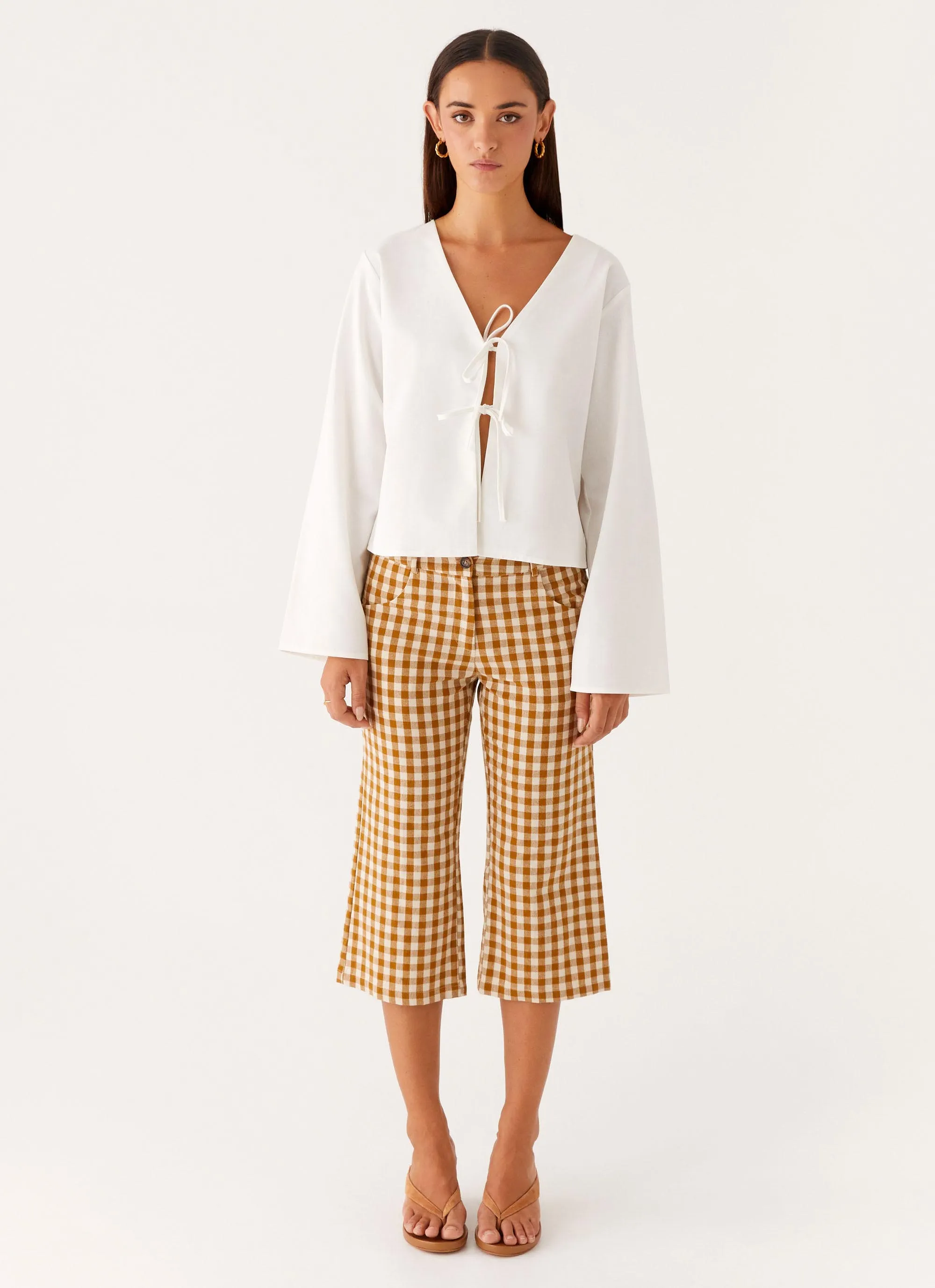 Simple Utility Barrel Waist Radley Capri Pants - Brown Gingham