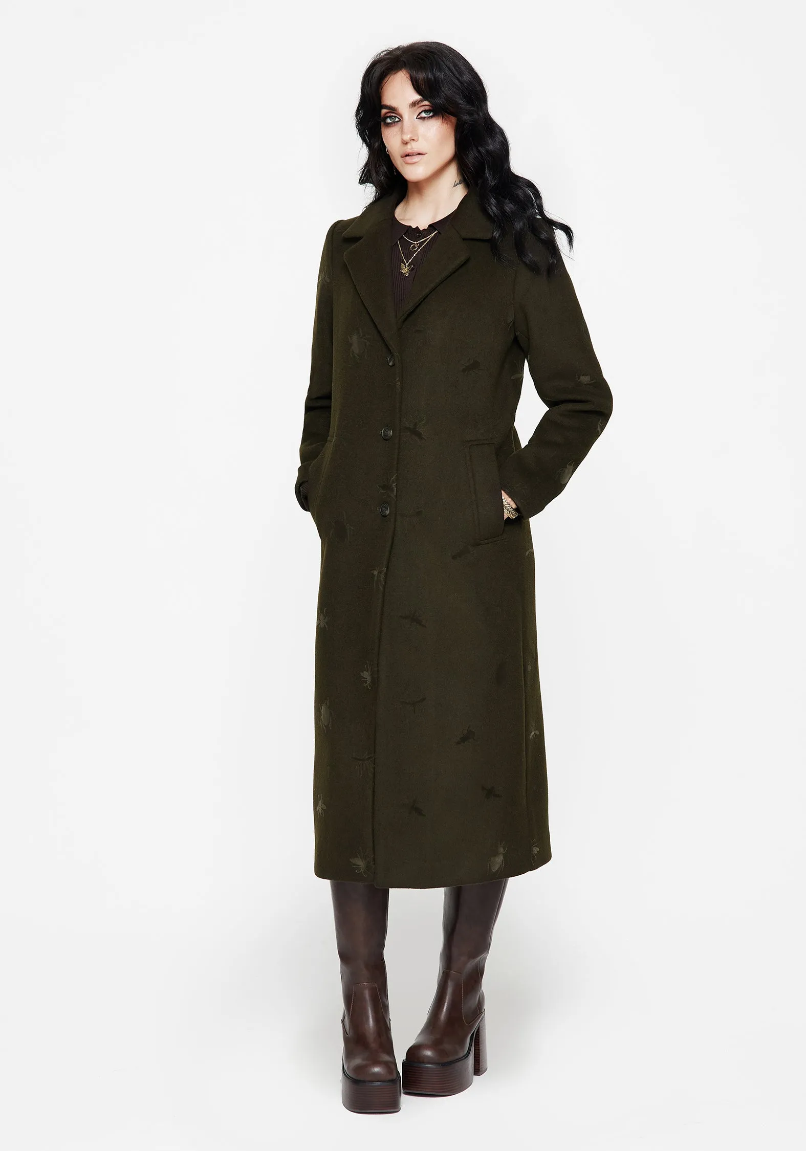 Comfortable lining Evelyn Wool-Blend Bug Embossed Longline Coat