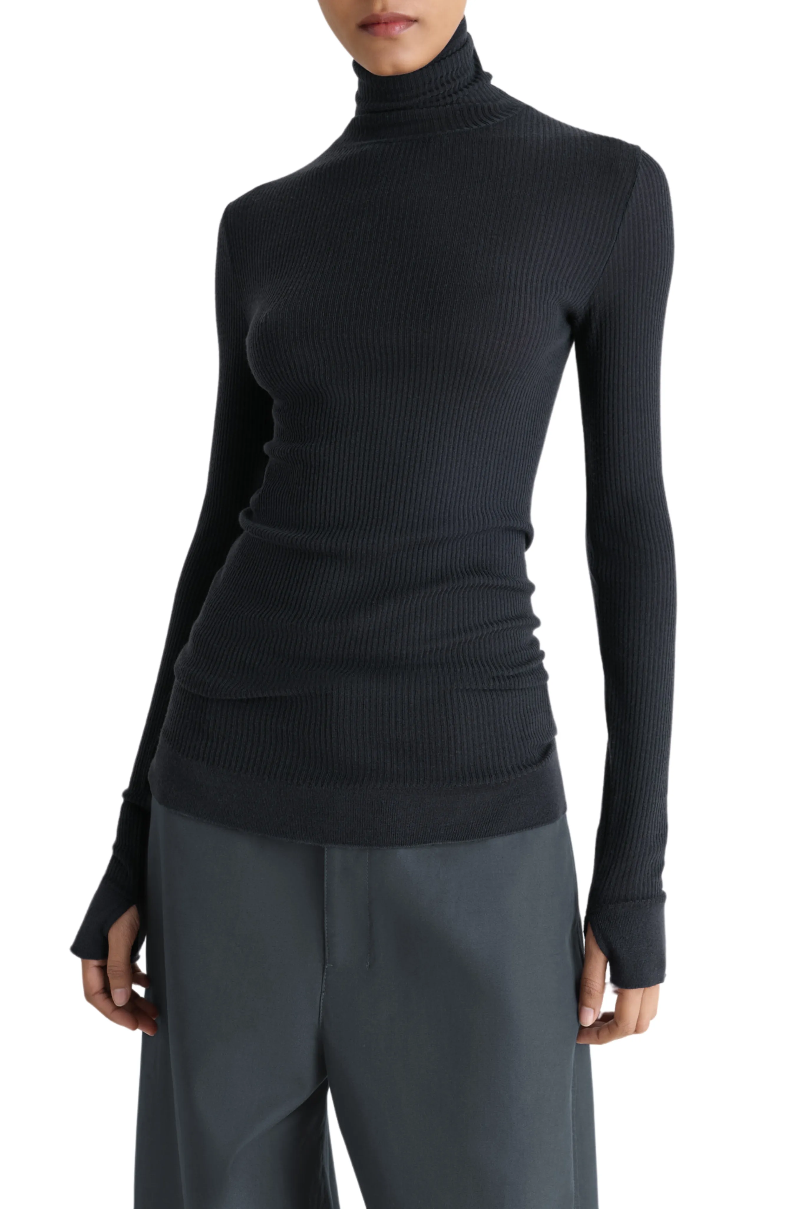 Tencel Blend Fabric Layered Placket Design Seamlesss High Neck Top