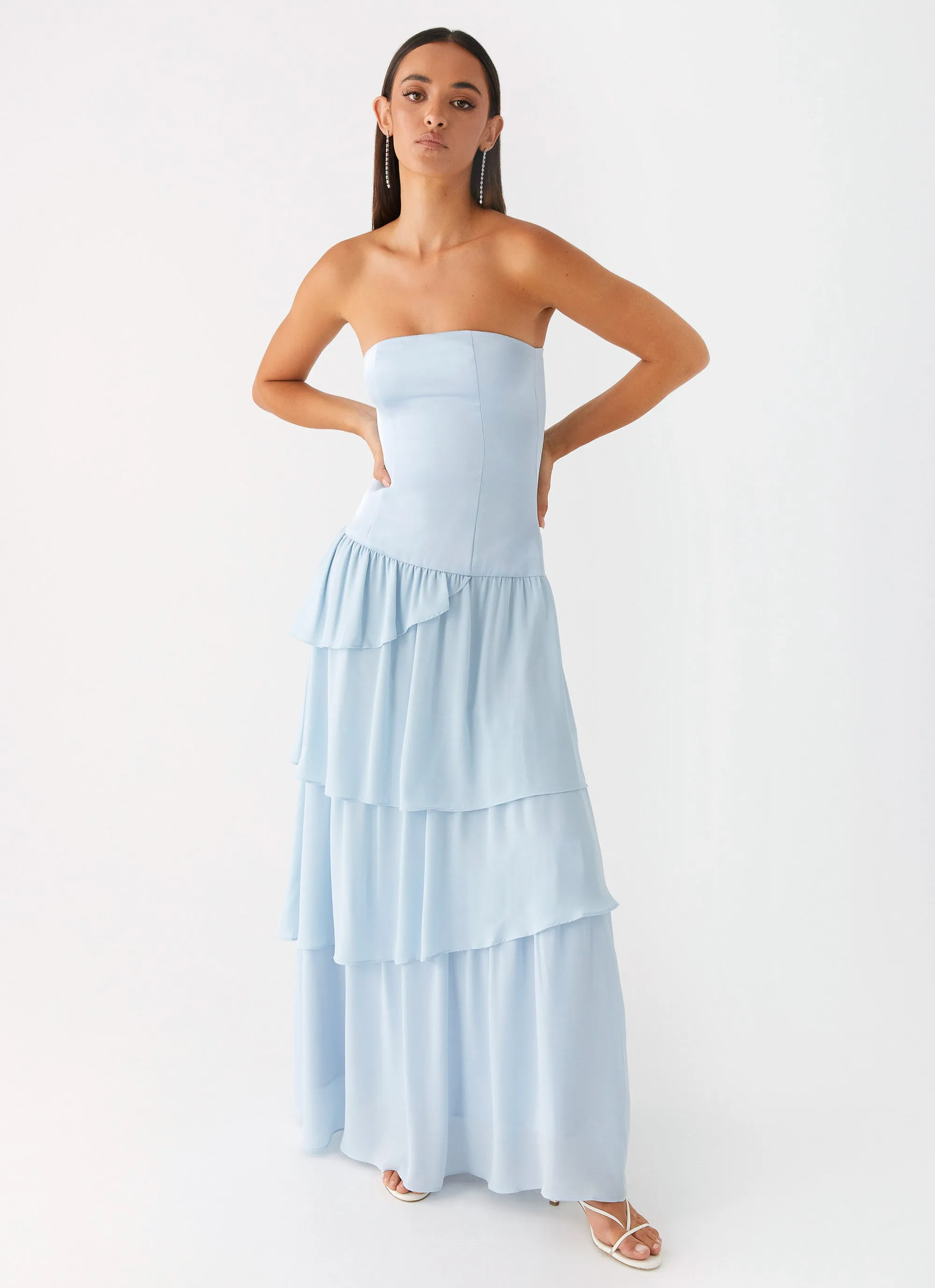 Our Story Maxi Dress - Pastel Blue V Neckline Warm Undertone