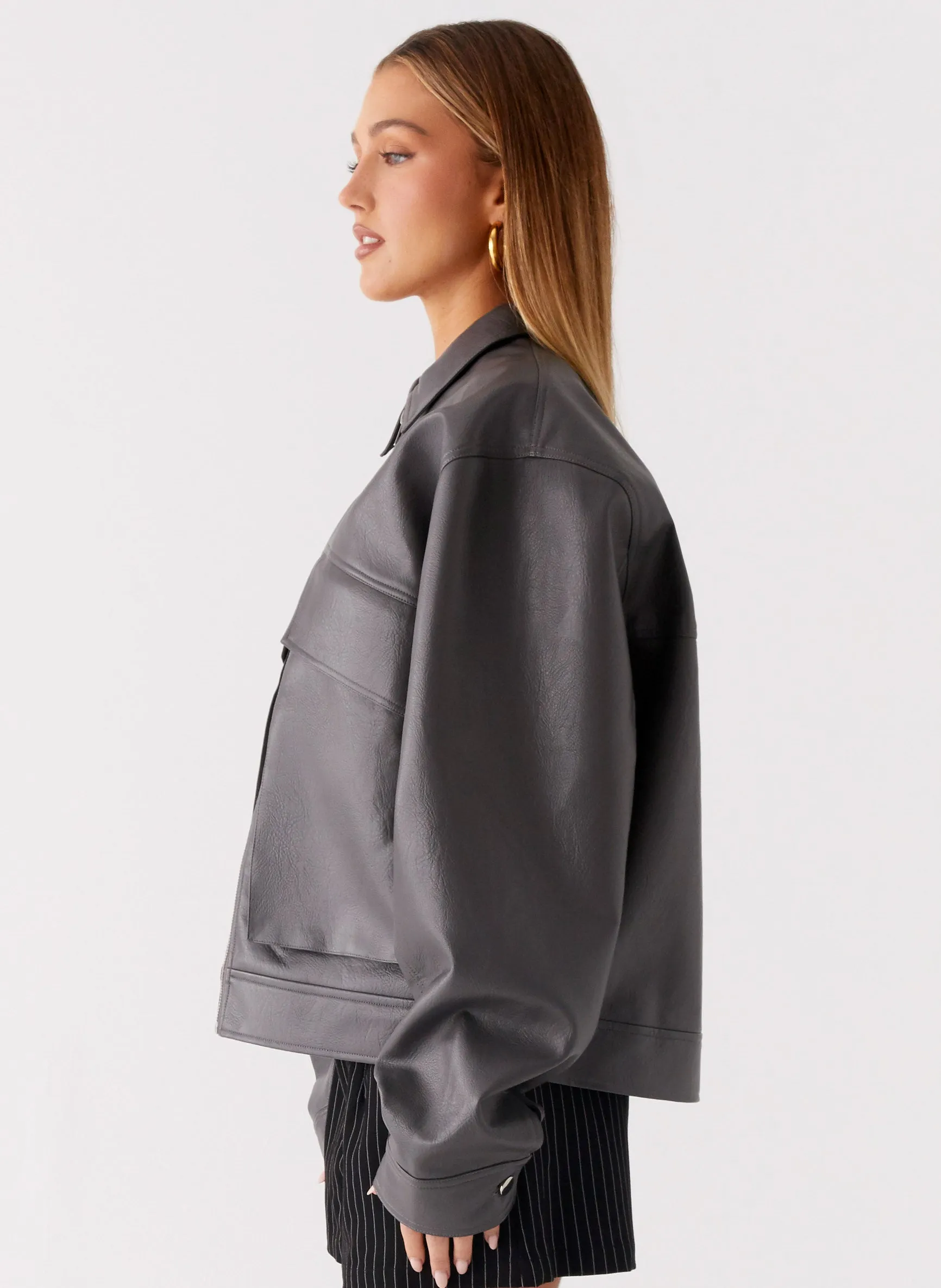 Lula Faux Leather Bomber Jacket - Charcoal NonBulkyFit