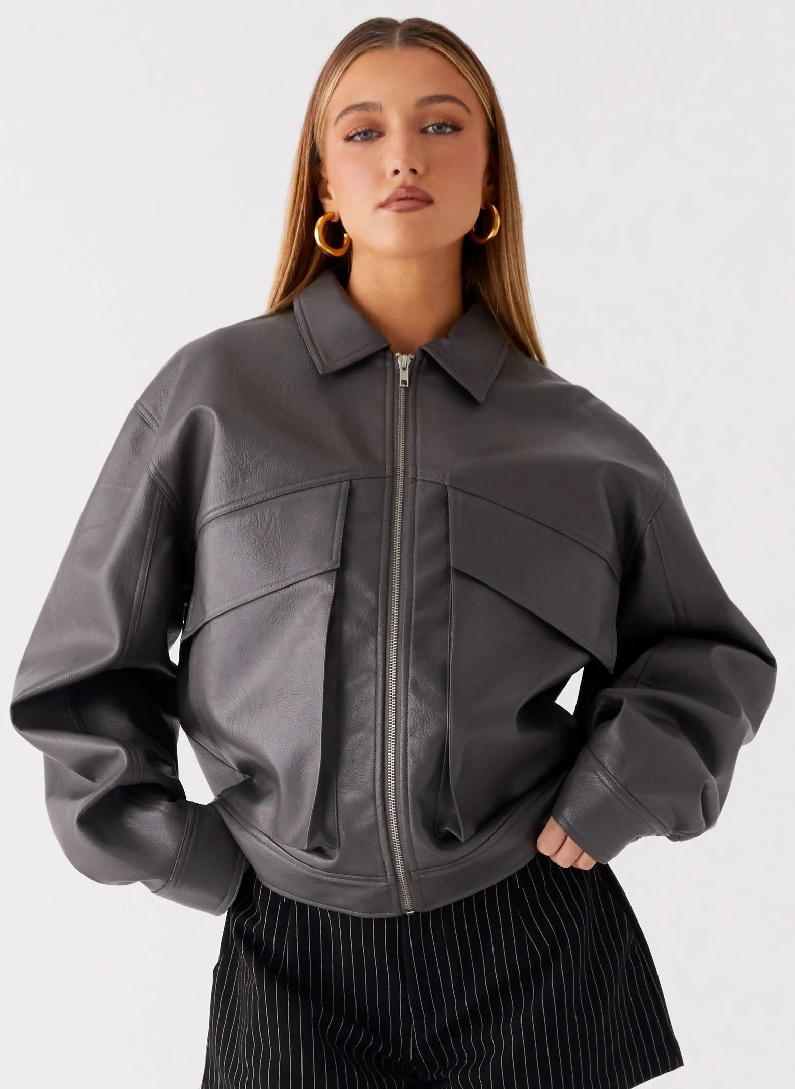 Lula Faux Leather Bomber Jacket - Charcoal sun resistant Prize