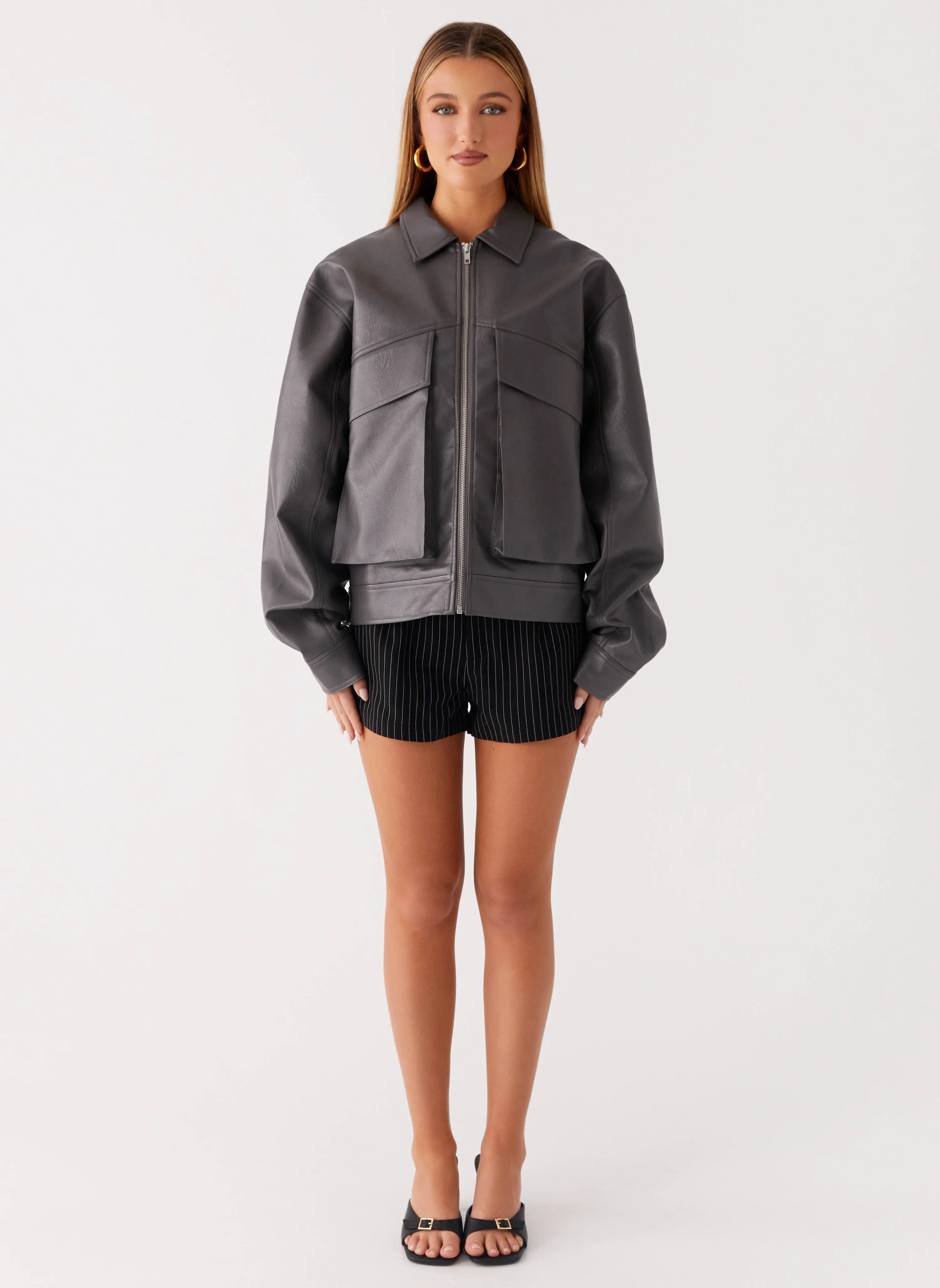 Layer Look Lula Faux Leather Bomber Jacket - Charcoal