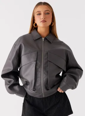 Lula Faux Leather Bomber Jacket - Charcoal sun resistant Prize