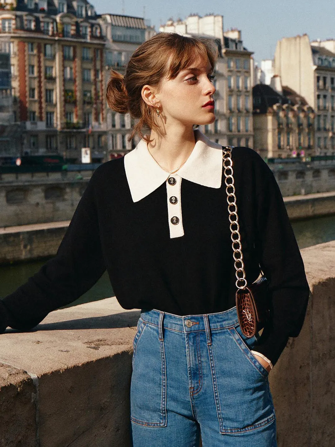 Low Impact Manufacturing Hypoallergenic Fiber Selena Polo Contrast Collar 100% Wool Black Knit Sweater