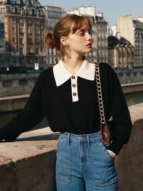 Selena Polo Contrast Collar 100% Wool Black Knit Sweater Brushed Microfiber Surface