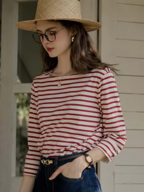 HoodedVersion Violet Round Neck Striped Cotton T-shirt