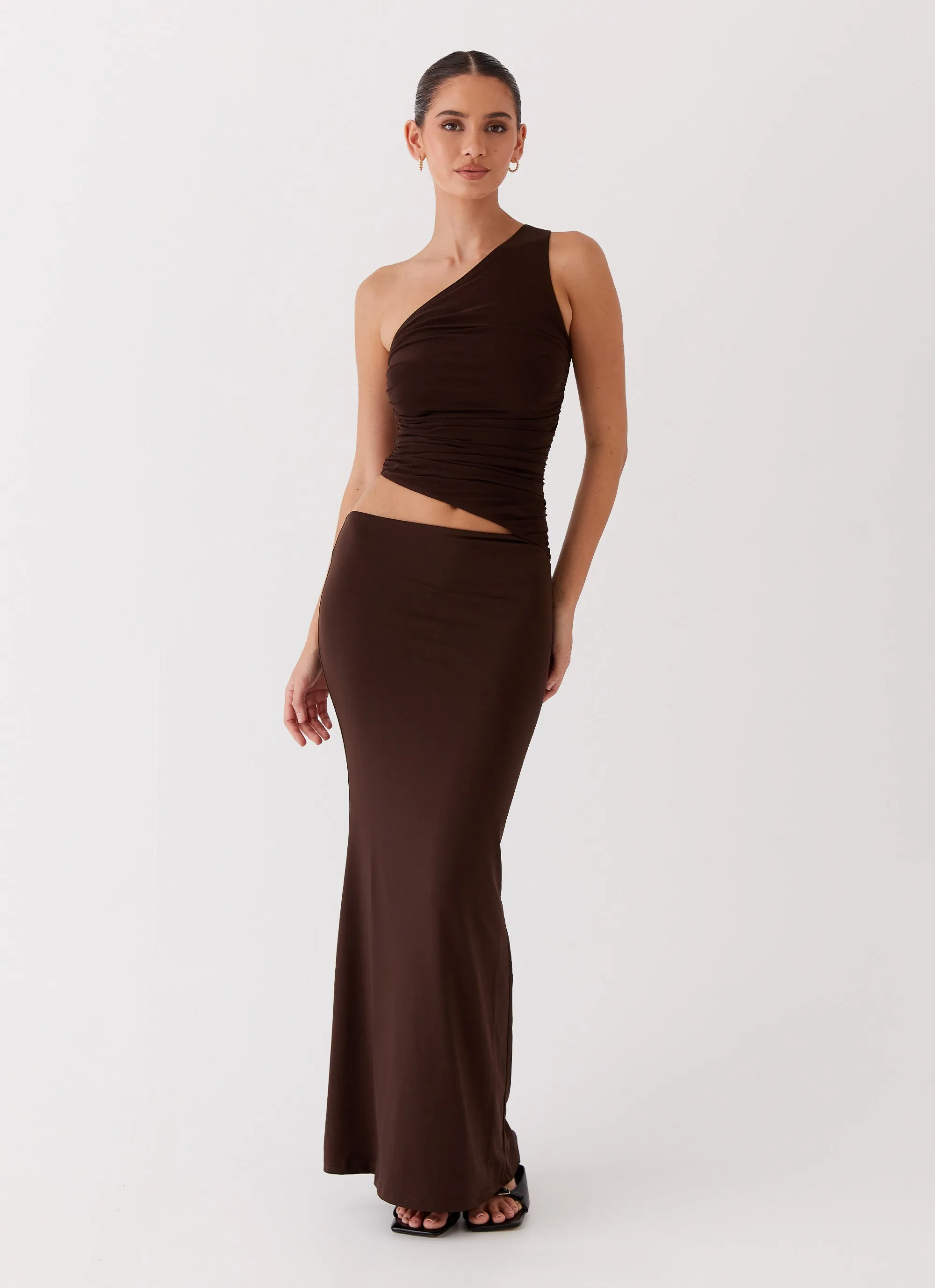 Seranella One Shoulder Maxi Dress - Chocolate Frayed-Edge Panelled-Design