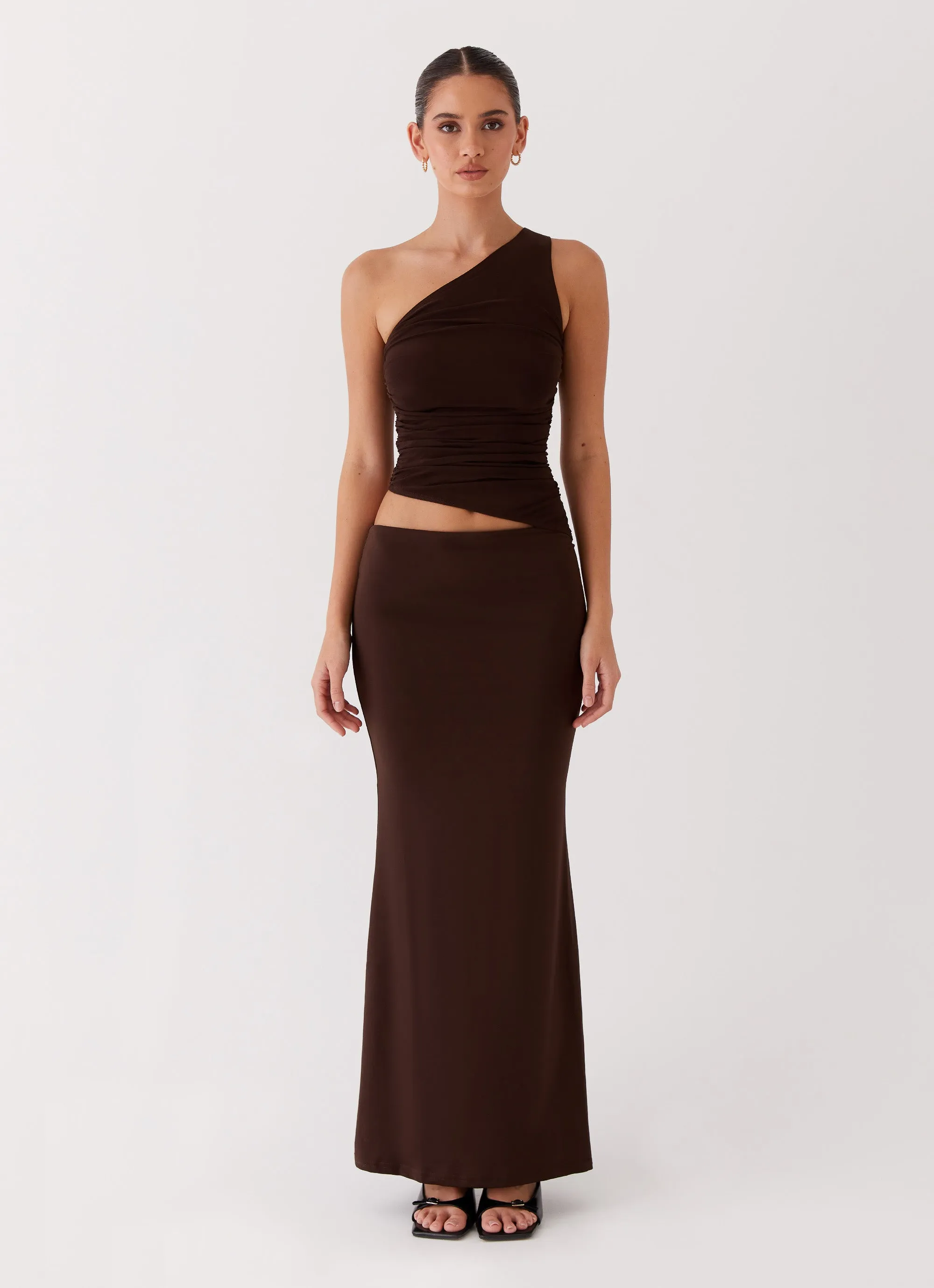 Padded-Bust Timeless Comfort Seranella One Shoulder Maxi Dress - Chocolate