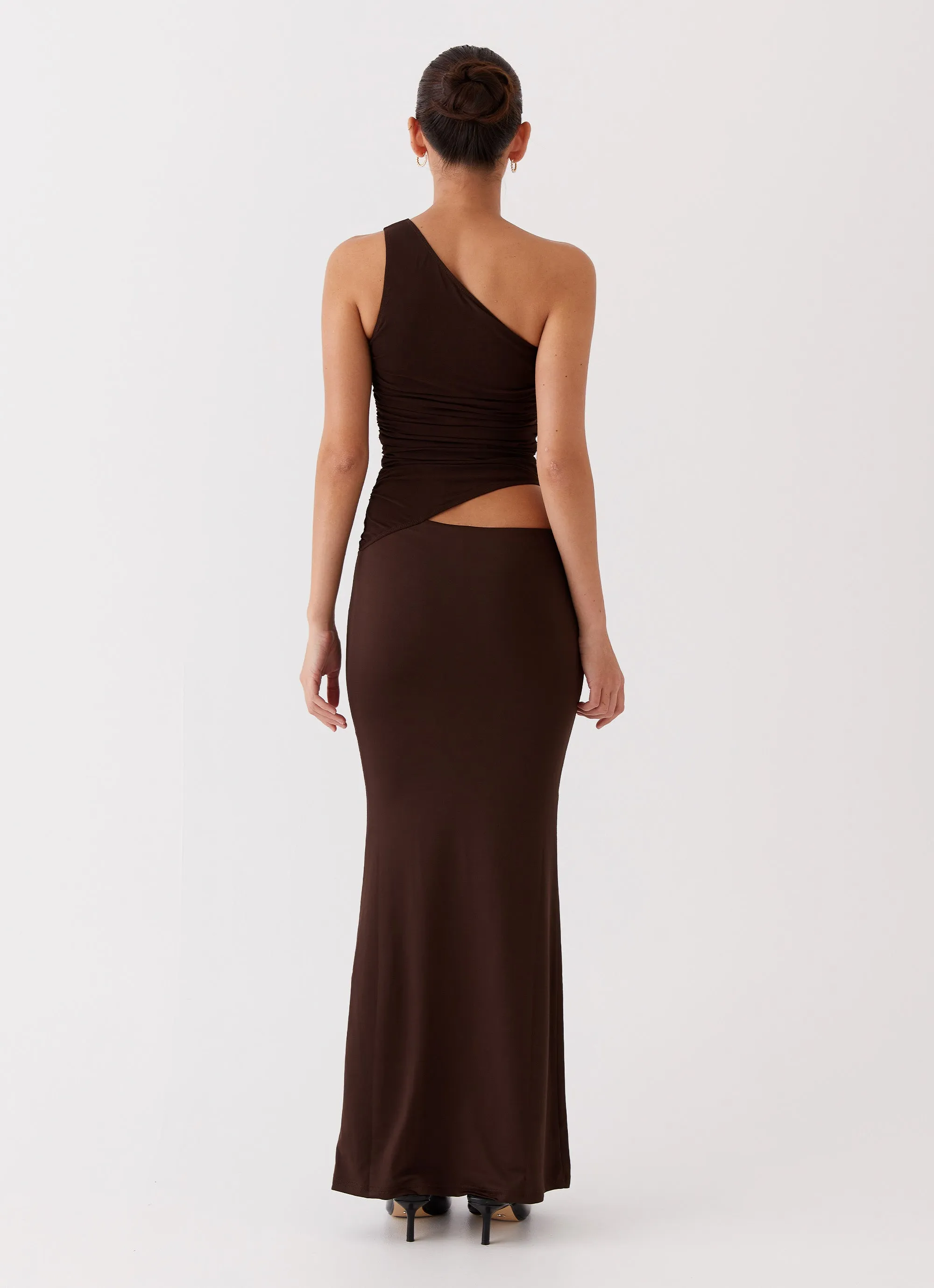 Cozy Silhouette Stylish Pick Seranella One Shoulder Maxi Dress - Chocolate