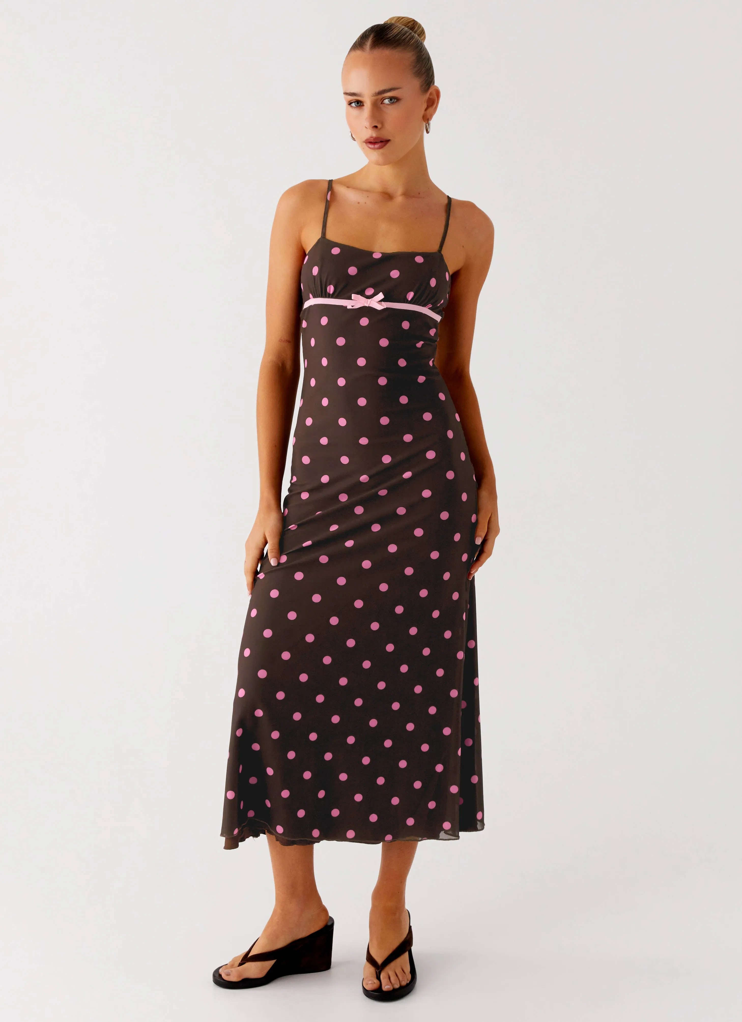 Inner lining Satin Finish Latto Midi Dress - Chocolate Strawberry Dot