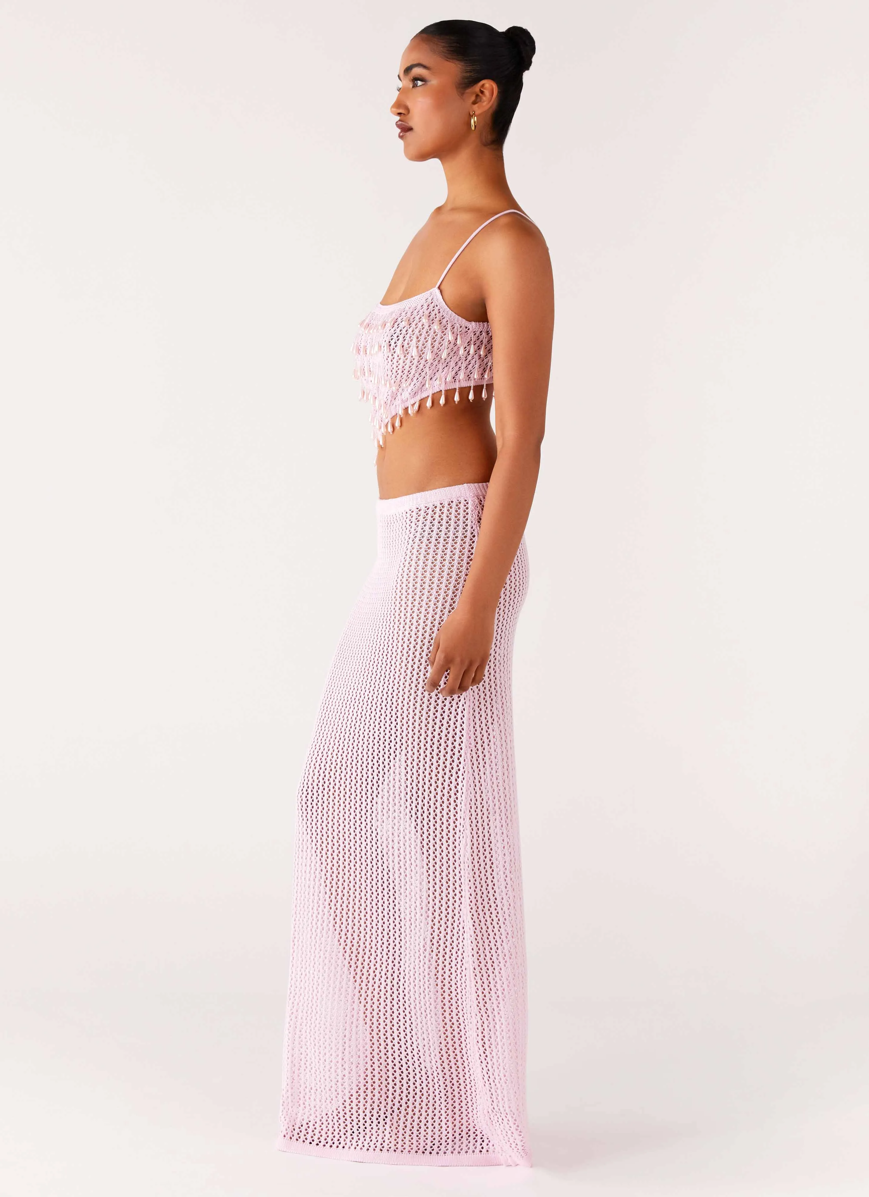 Shellbound Crochet Maxi Dress - Pink Soft Neutral Kimono-Sleeve