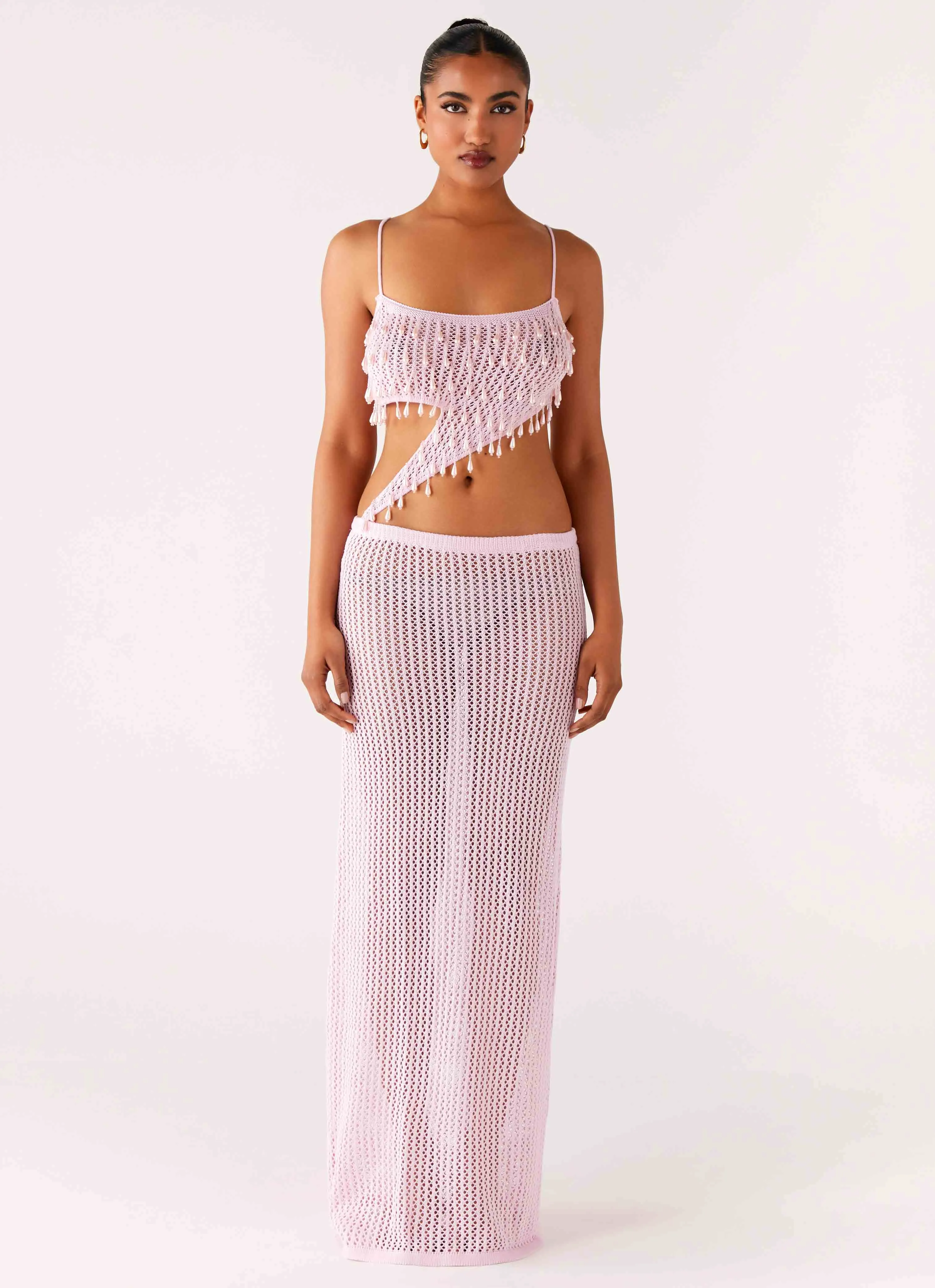 Shellbound Crochet Maxi Dress - Pink Fashionable outfit for outings Cozy Vibe