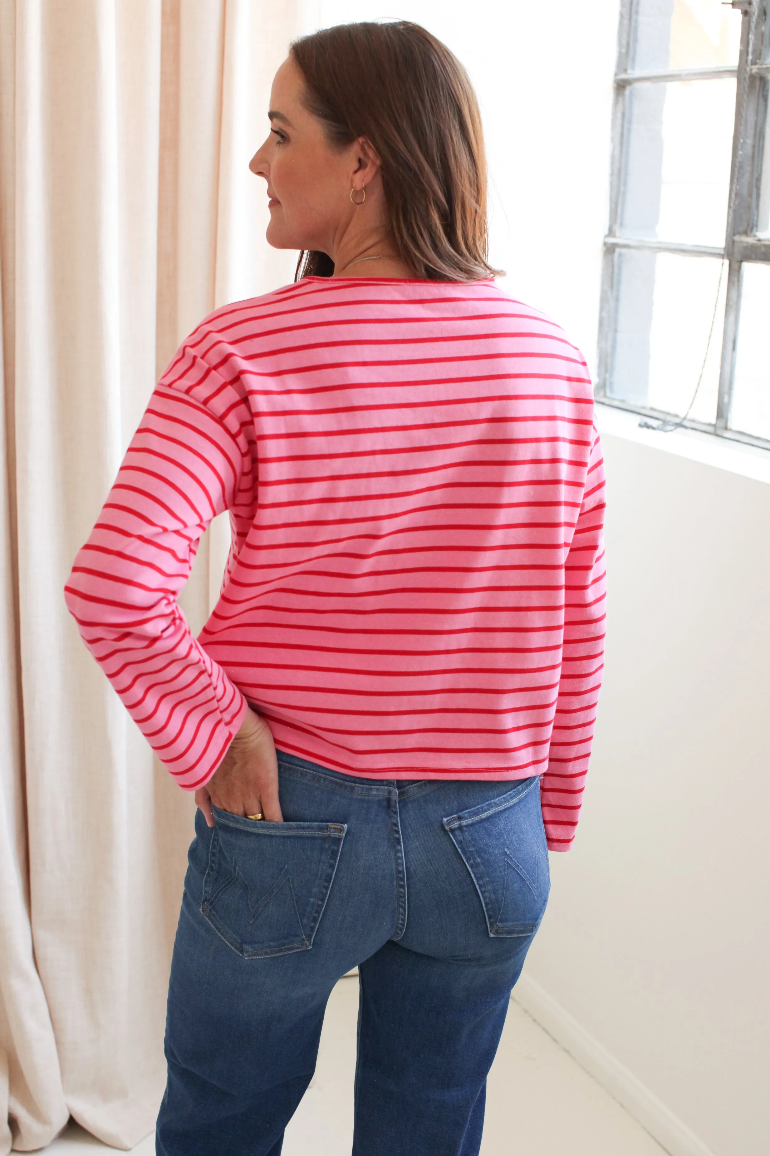 Hybrid Fabric Blend Lightweight Material Shelly Stripe Top-Pink