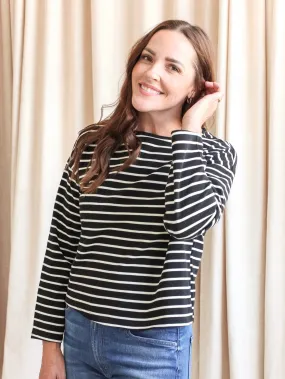 Shelly Stripe Top- White Stripe StretchFabric Quick Access Pockets
