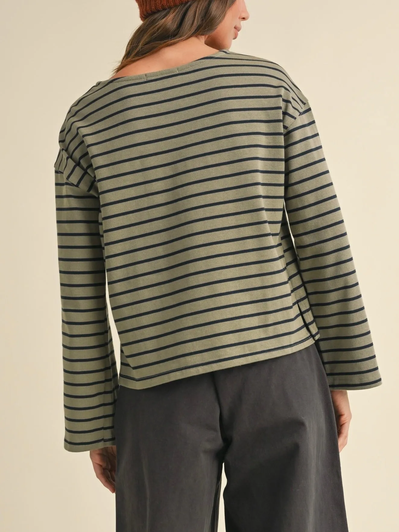 Wrinkle Free Texture Shelly Striped Top Olive/ Navy