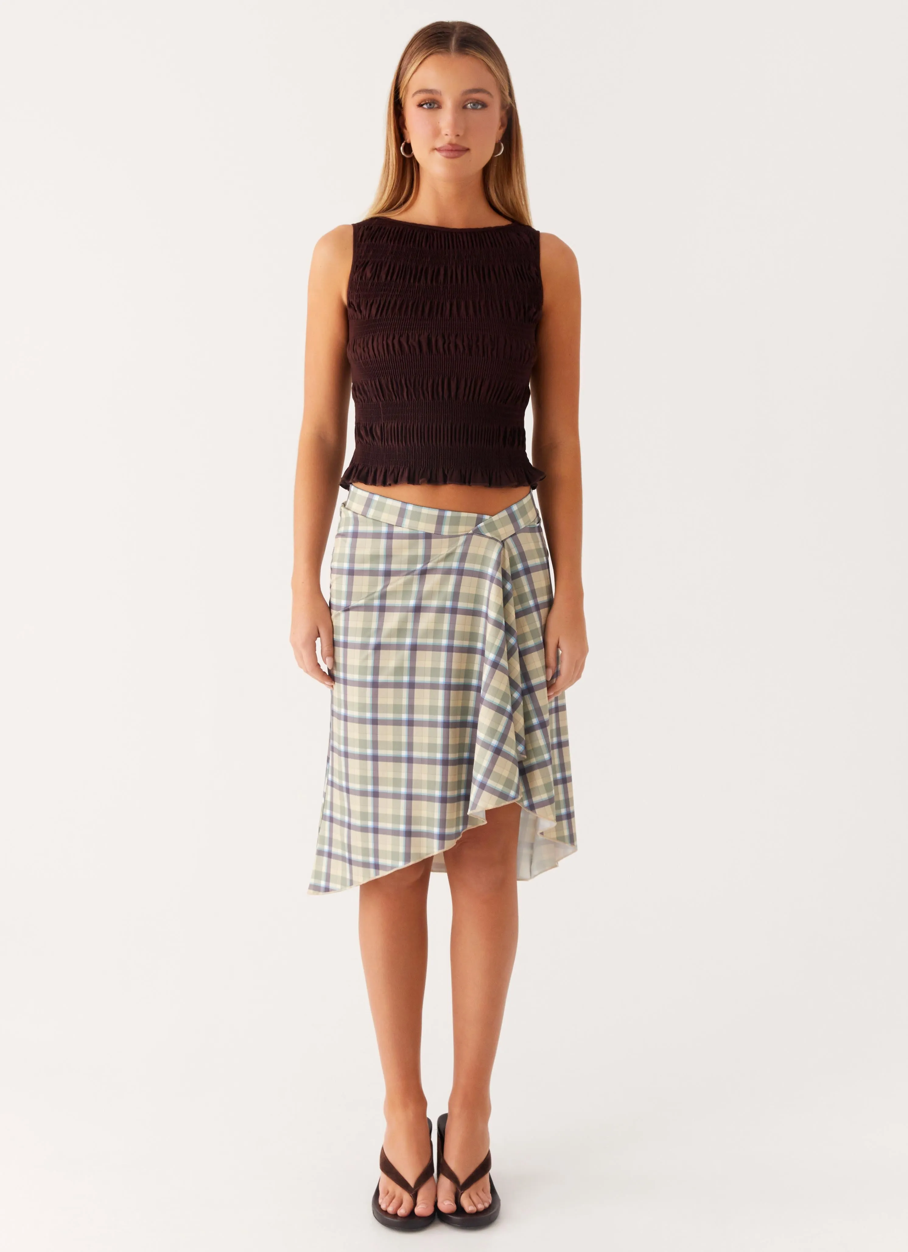 Shes A Lady Midi Skirt - Cedar Check Soft Tones