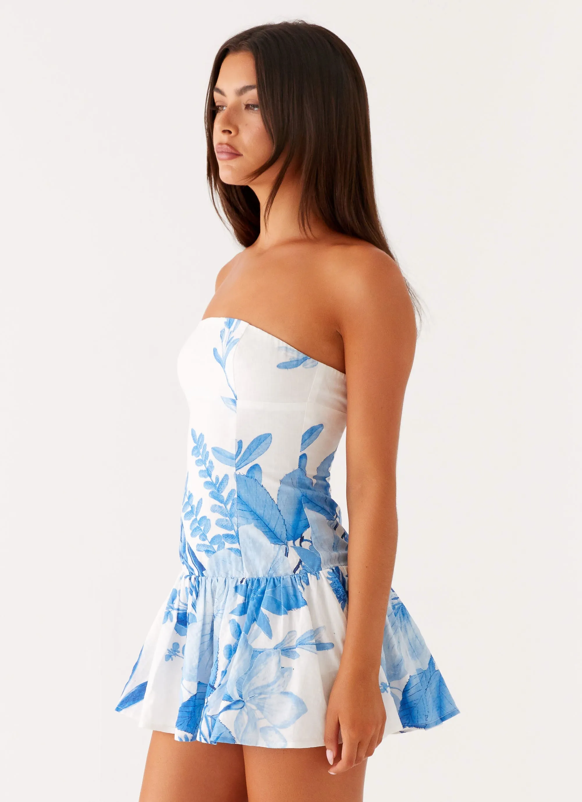Fold Over Design Soft Lines Mario Mini Dress - Blue Floral Print