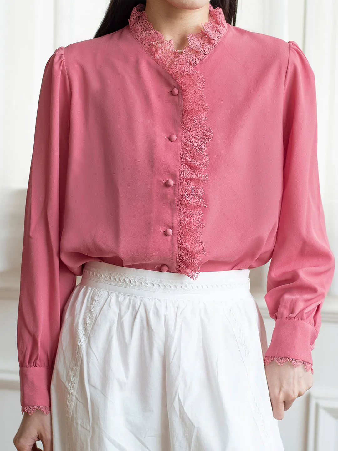 LayeredDurability MeshPanelIntegration Hanna Puff Sleeve Pink Lace Blouse