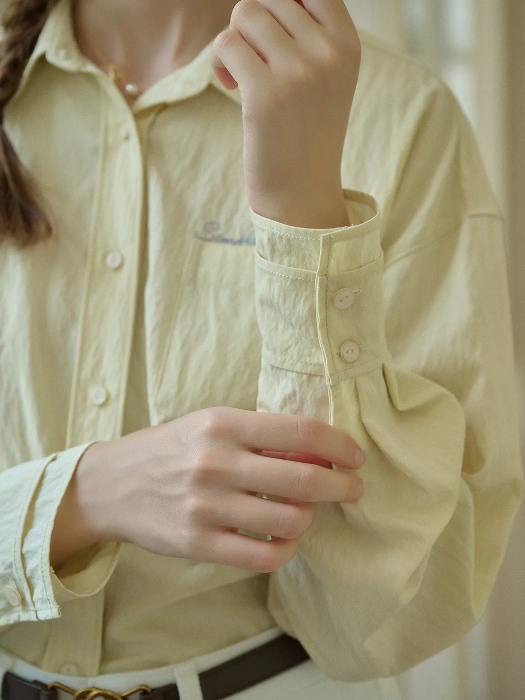 Minimalist Silhouette HypoallergenicFabric Estrella Classic Lapel Contrast SR Logo Embroidered Pocket Shirt - Yellow