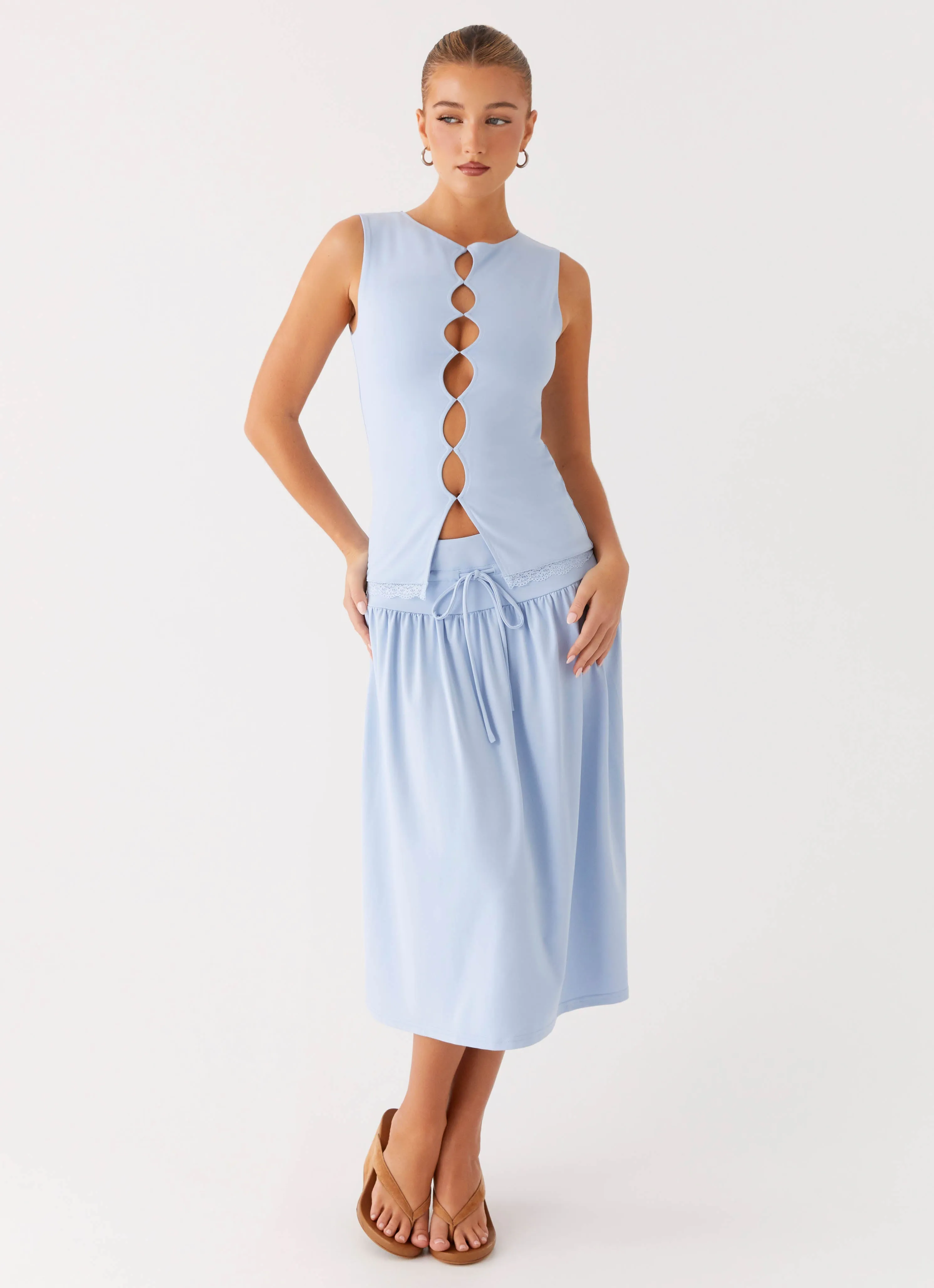 Style Layering Soft Palette Silver Tides Midi Skirt - Blue