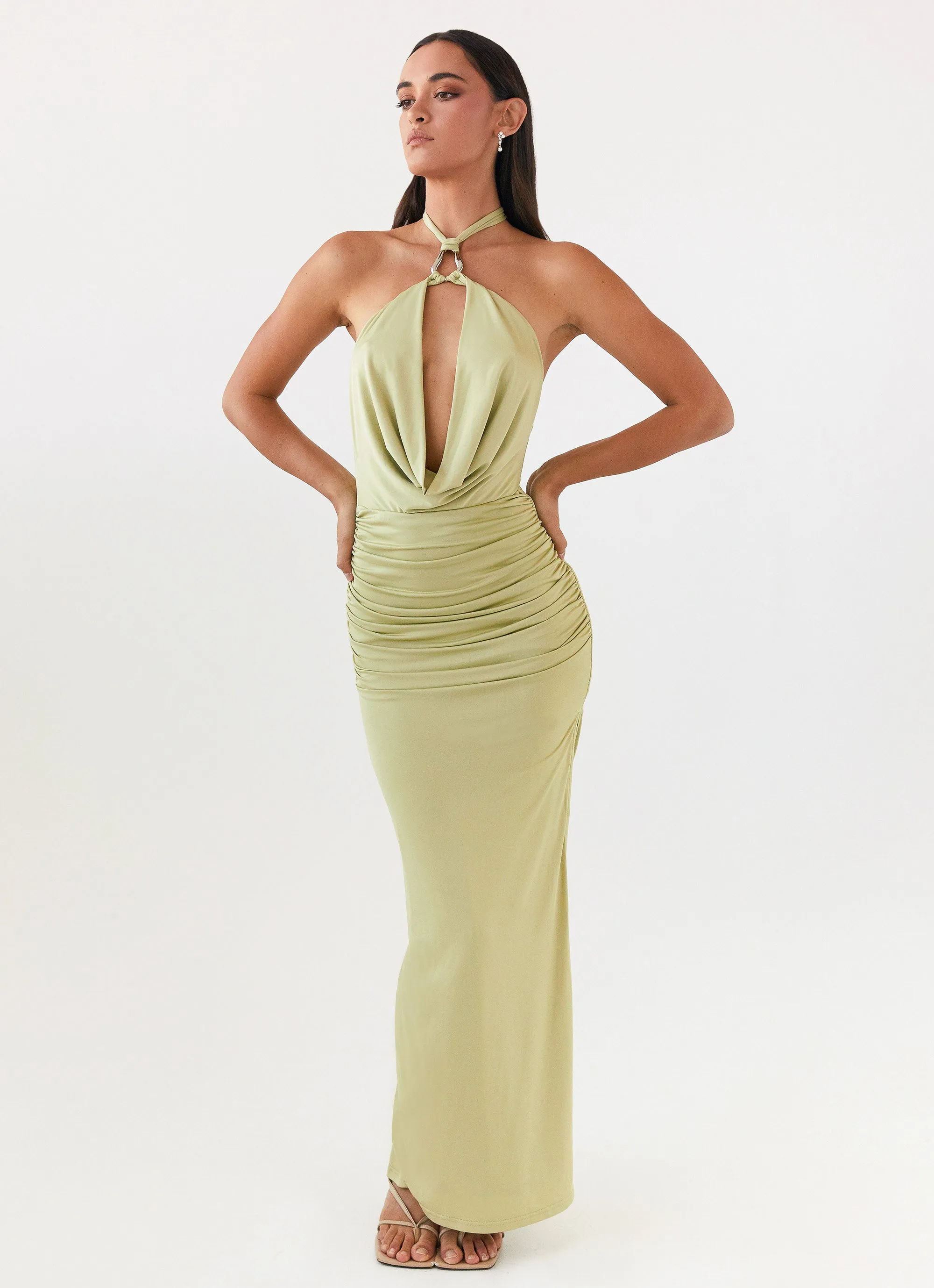 Samara Halterneck Maxi Dress - Sage Light Bow Daywear Comfort