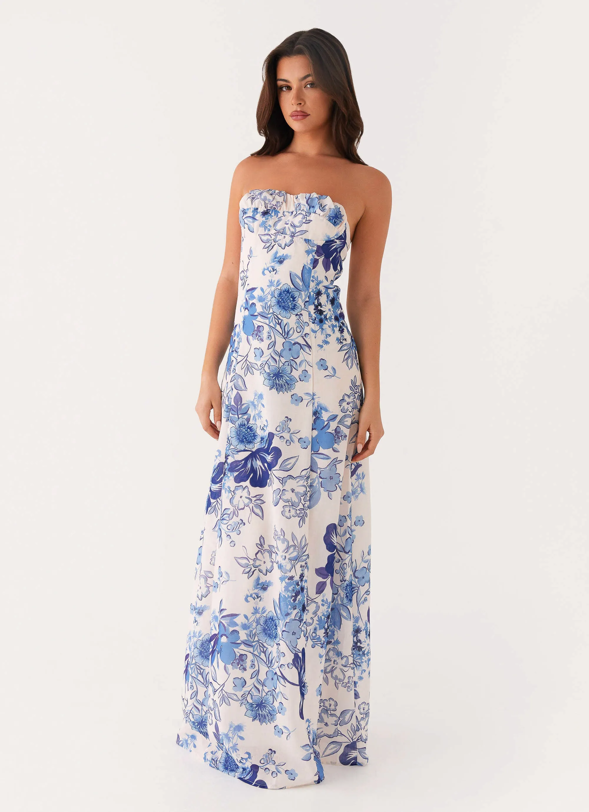 Tayla Linen Maxi Dress - Serene Sky Floral Polished Motion Jewel-Tone