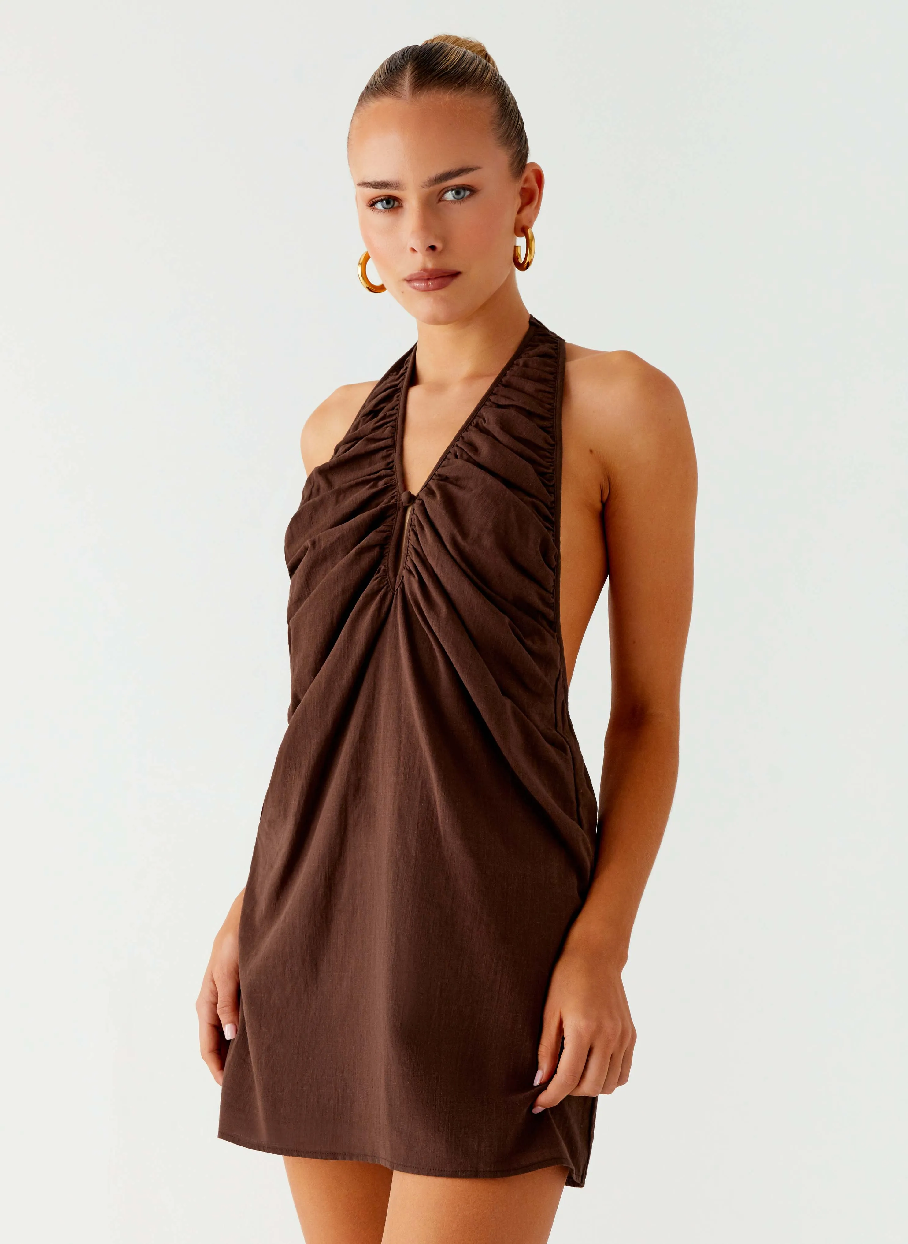 Smart Layer Wear Romantic Style Jepsen Halter Mini Dress - Chocolate