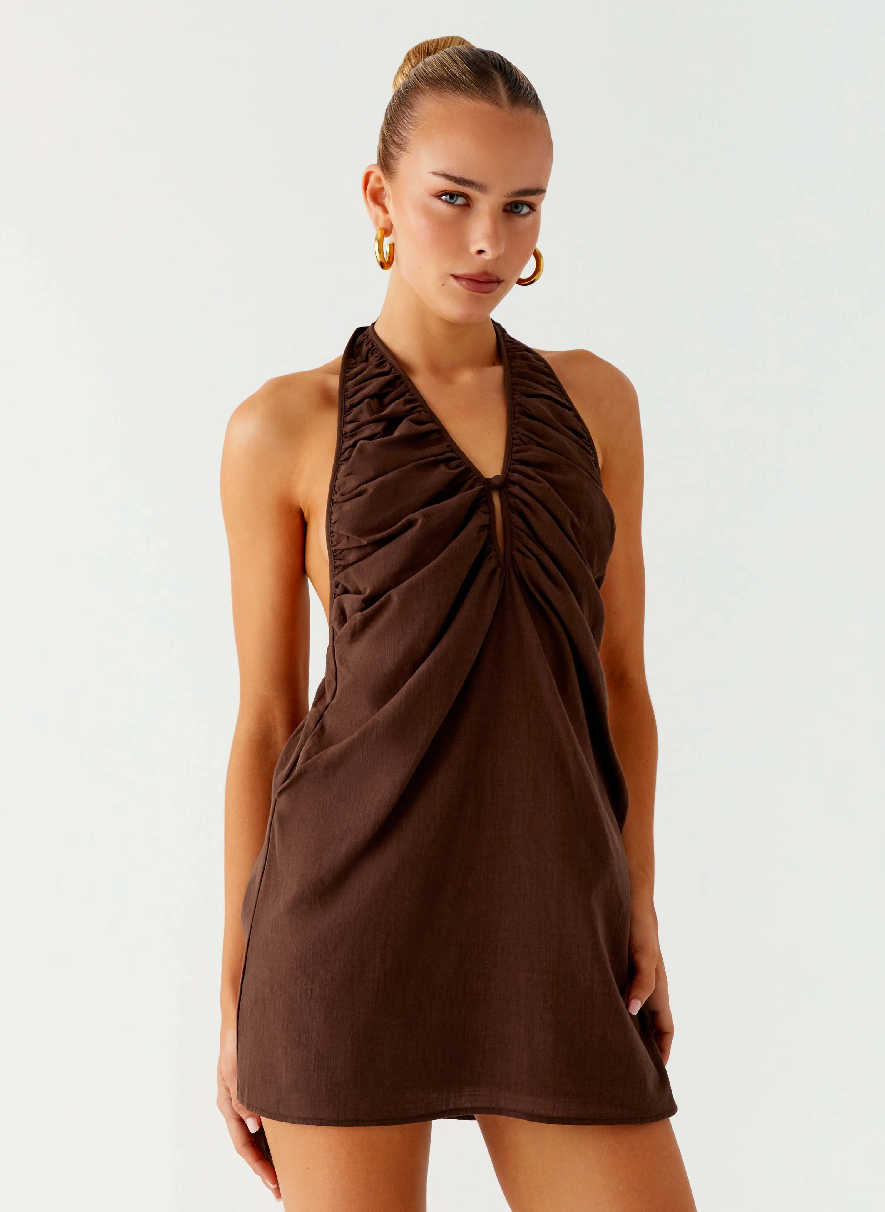 Jepsen Halter Mini Dress - Chocolate Travel Option