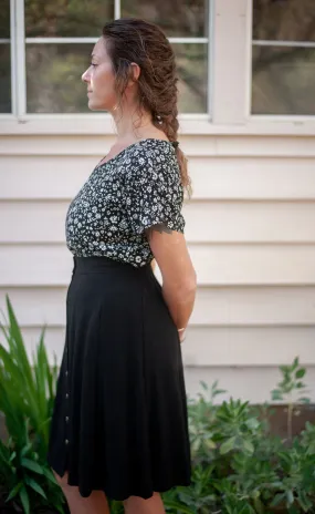 Retro Style Dolman Top in Black & White Floral Crepe