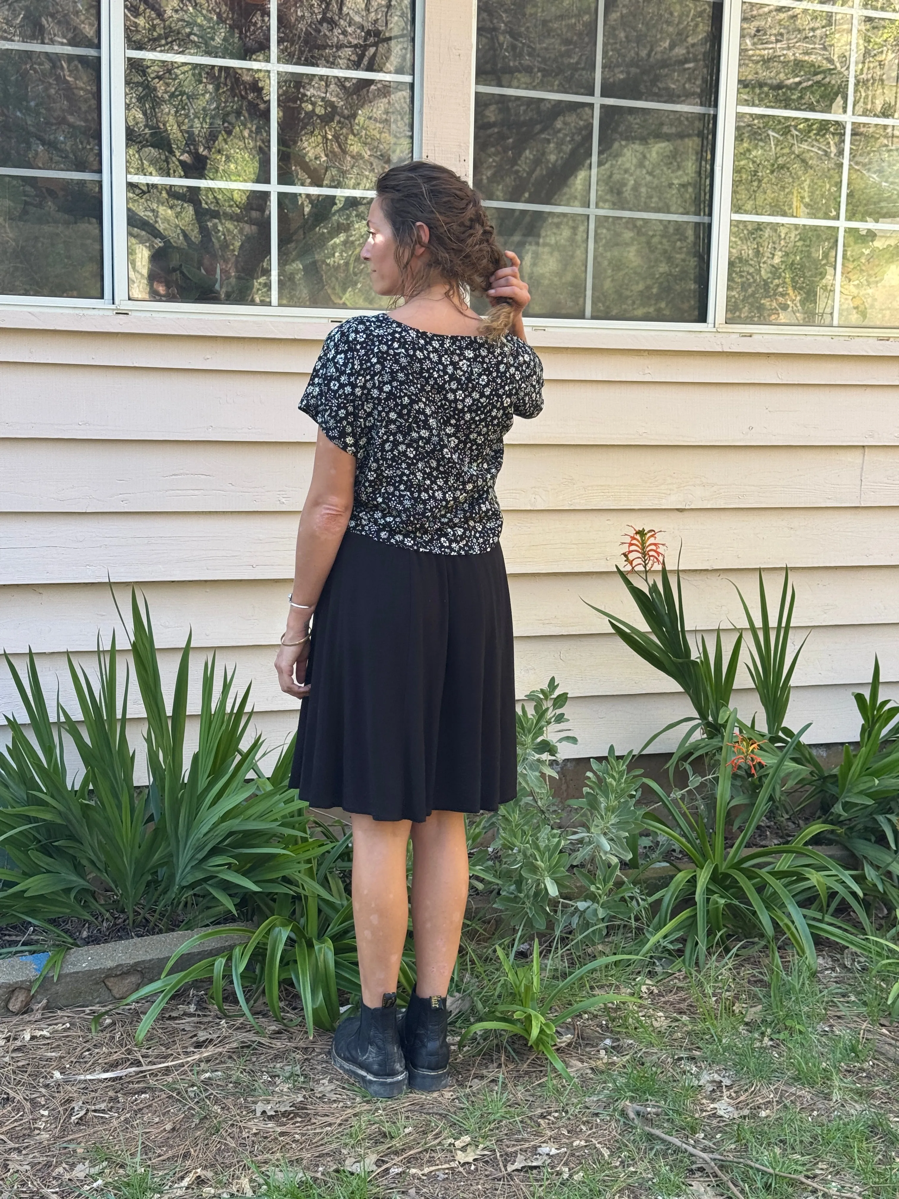 OversizedSilhouette Dolman Top in Black & White Floral Crepe