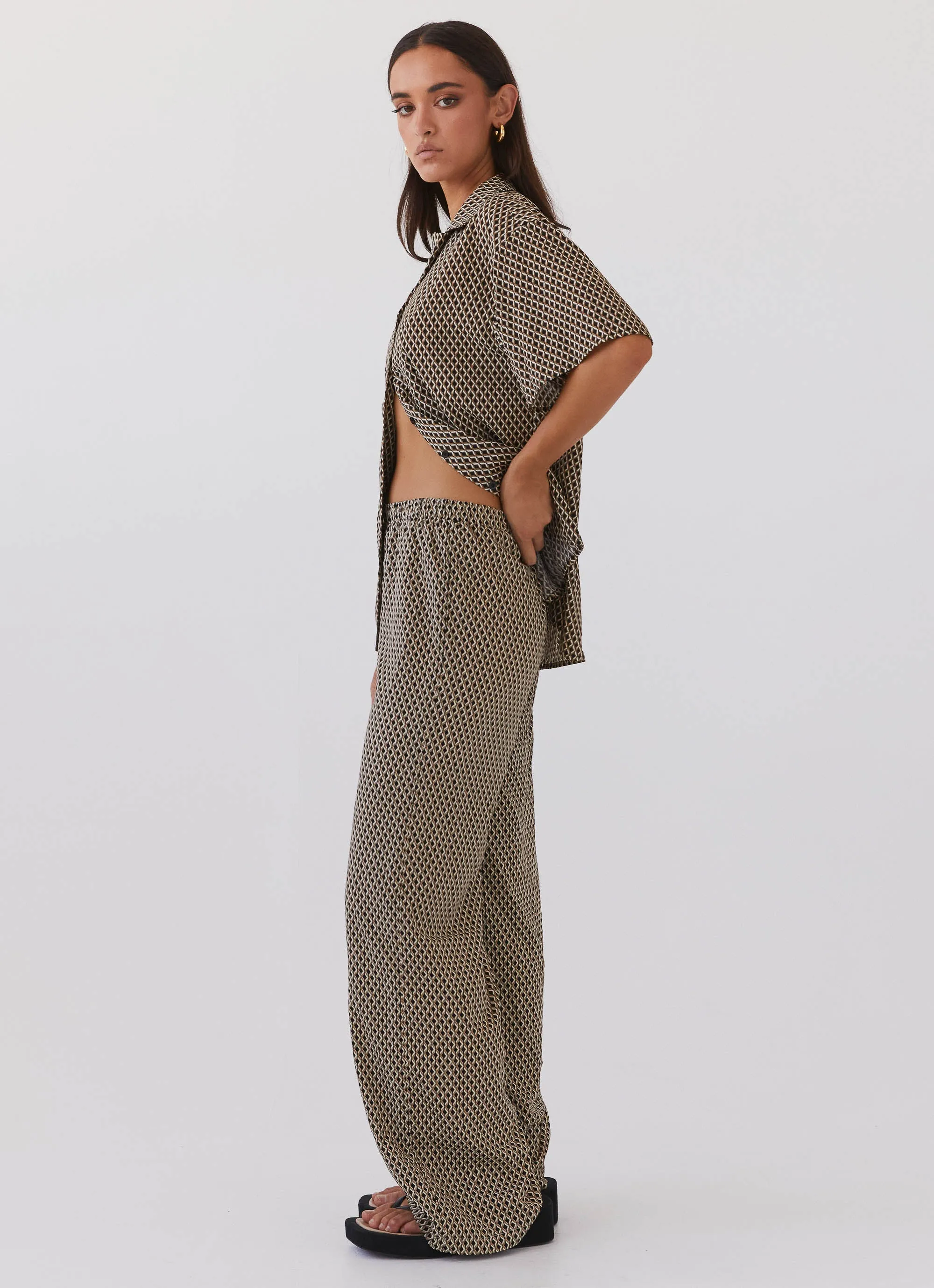Bruno Wide Leg Pants - Brown Geo Flattering Comfort Seamless construction