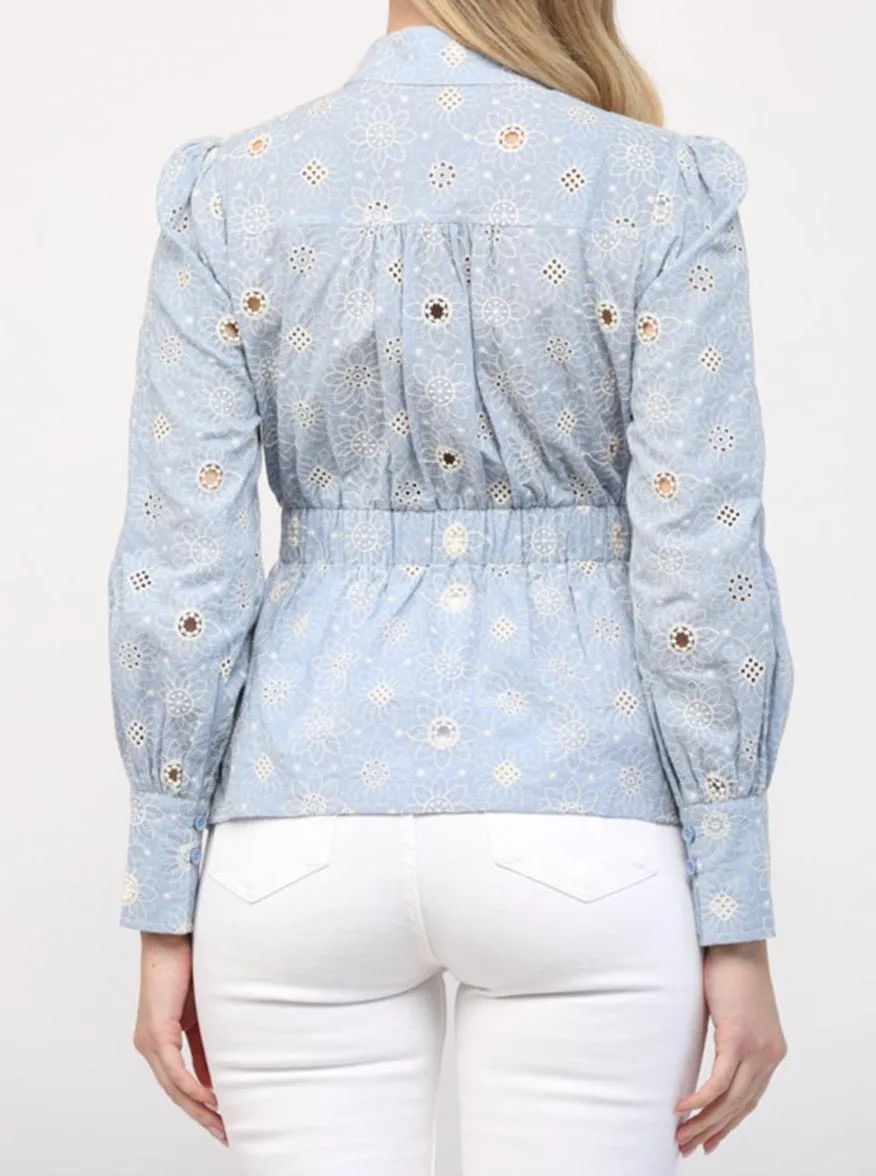 Ribbed Collar Style MultiPocket Configuration Sky Embroidered Blouse