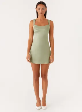Modern Details Twist Front Design Odette Satin Mini Dress - Sage